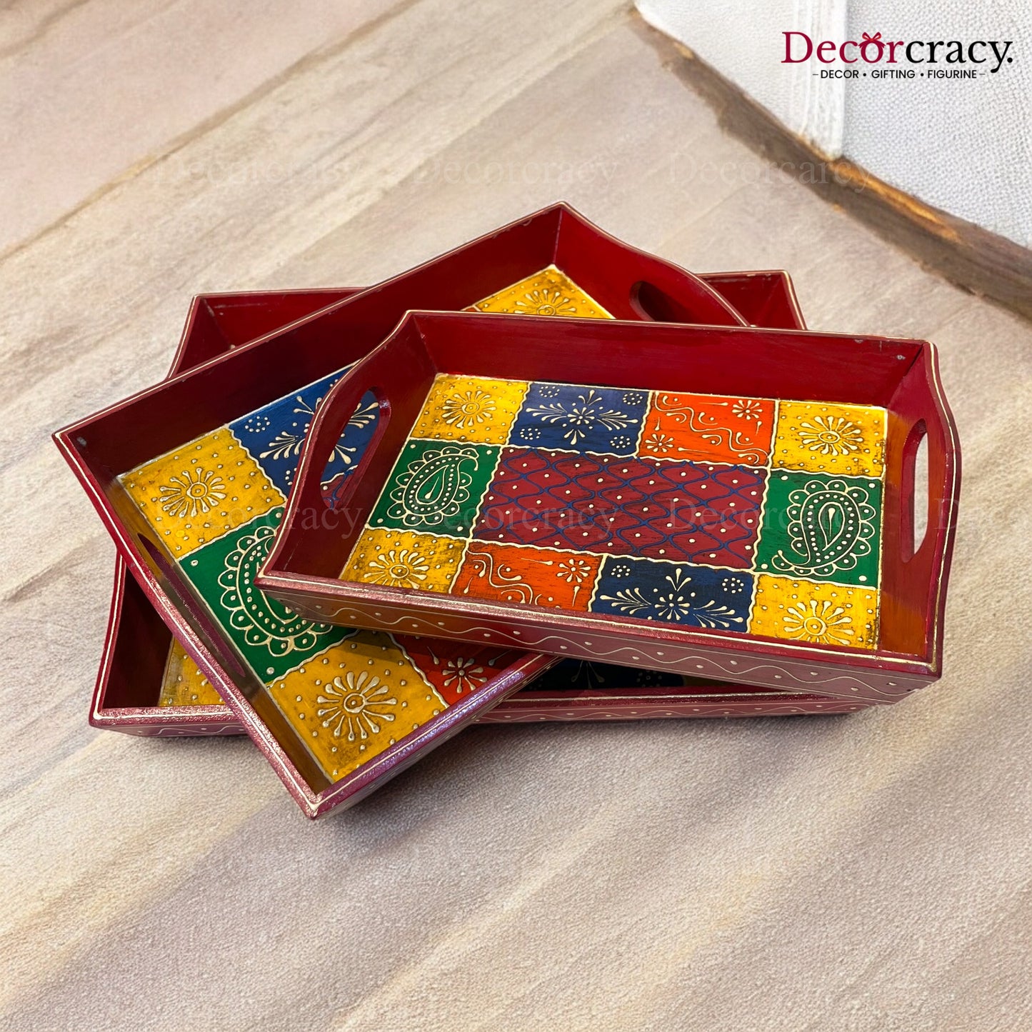 3pc Serving Tray Hand Painted Wooden Rajasthani