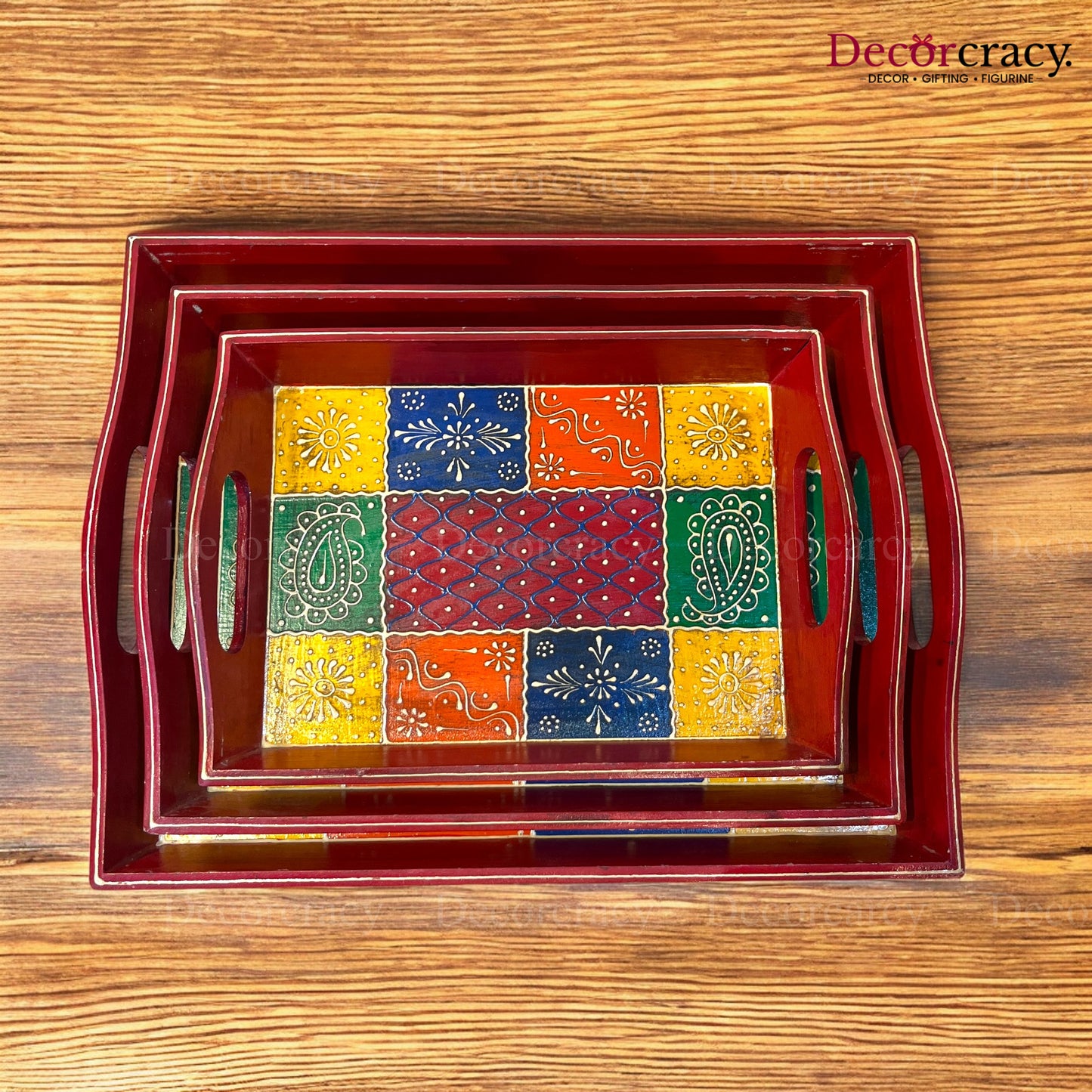 3pc Serving Tray Hand Painted Wooden Rajasthani