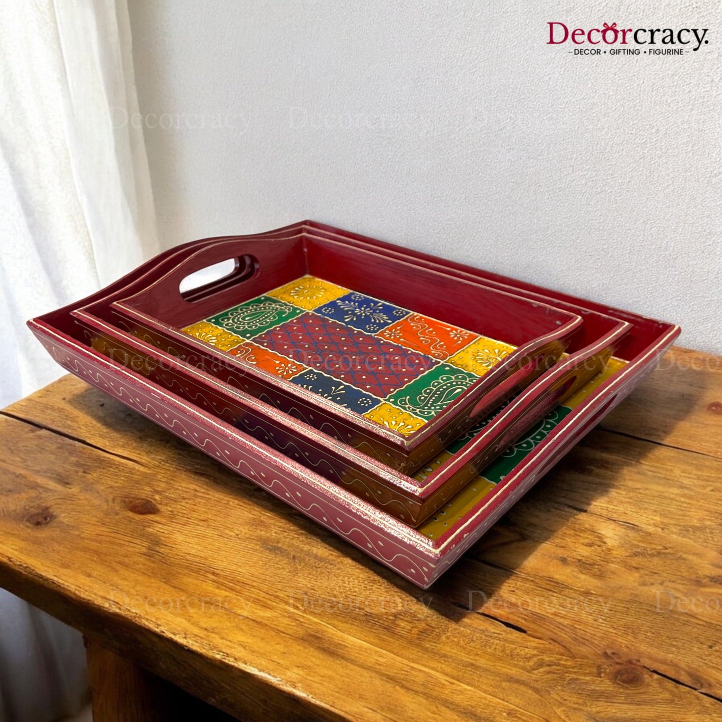 3pc Serving Tray Hand Painted Wooden Rajasthani