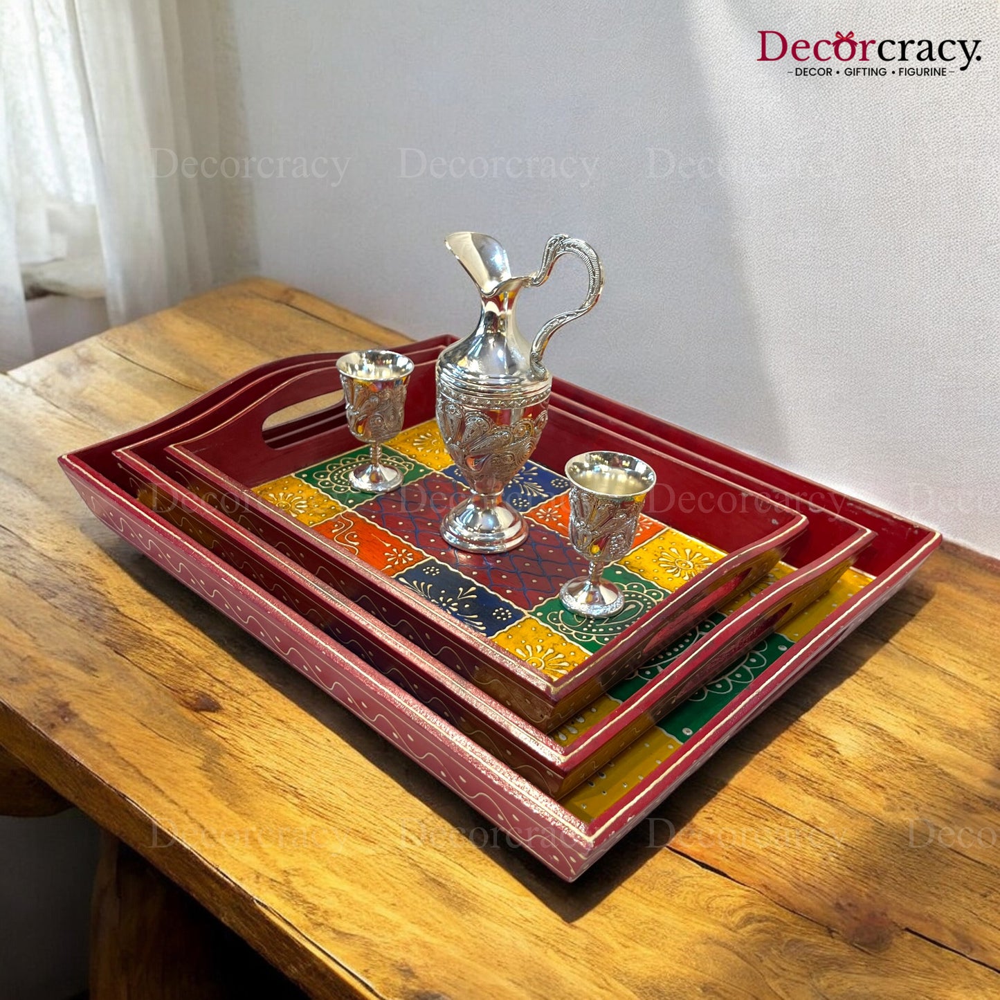 3pc Serving Tray Hand Painted Wooden Rajasthani
