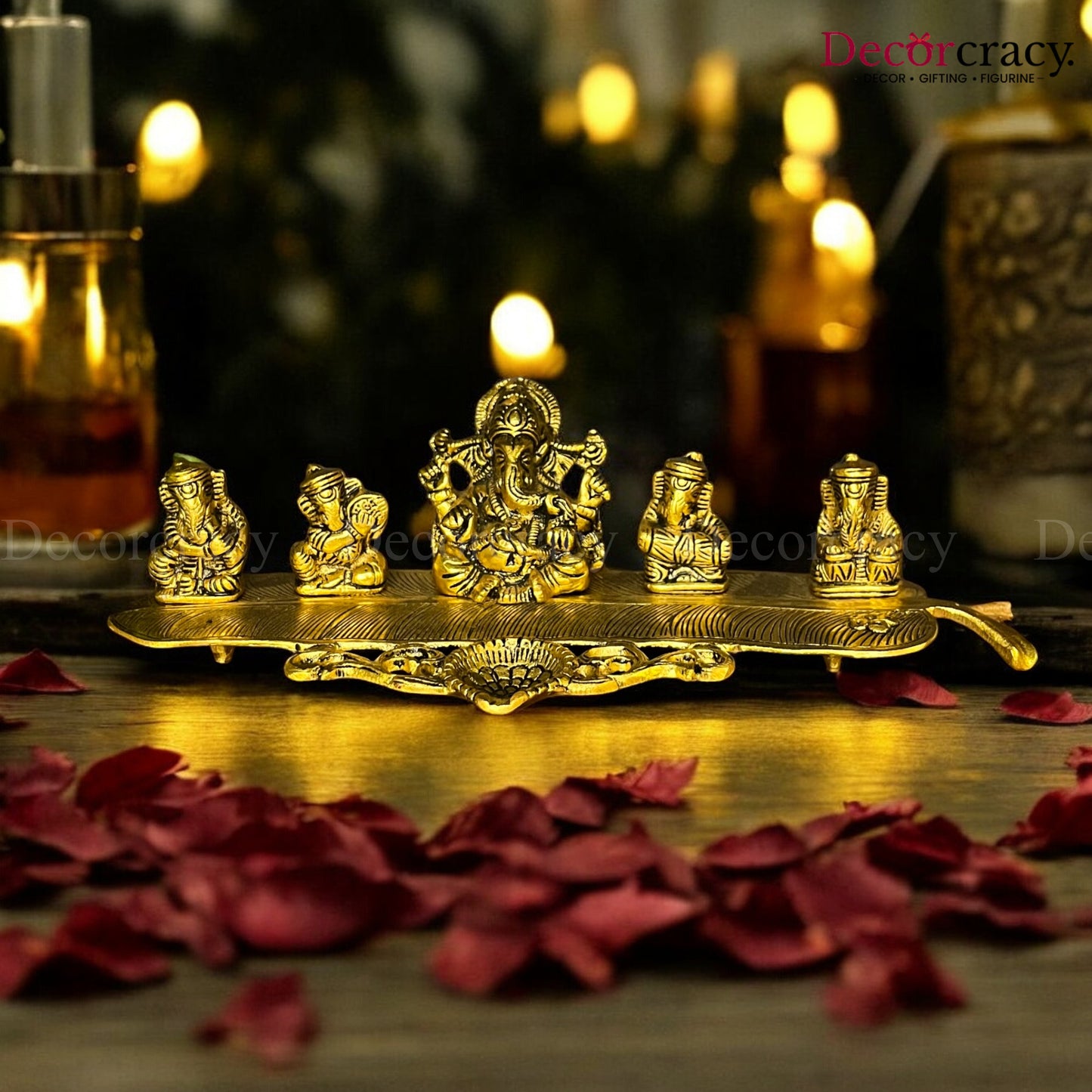 5 Ganesh Oil Deepak with Musical Instrument on Leaf Patta Ganesh Metal golden