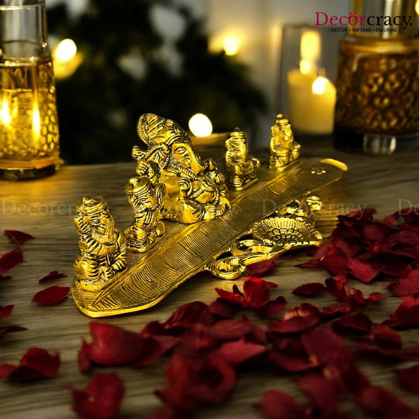 5 Ganesh Oil Deepak with Musical Instrument on Leaf Patta Ganesh Metal golden