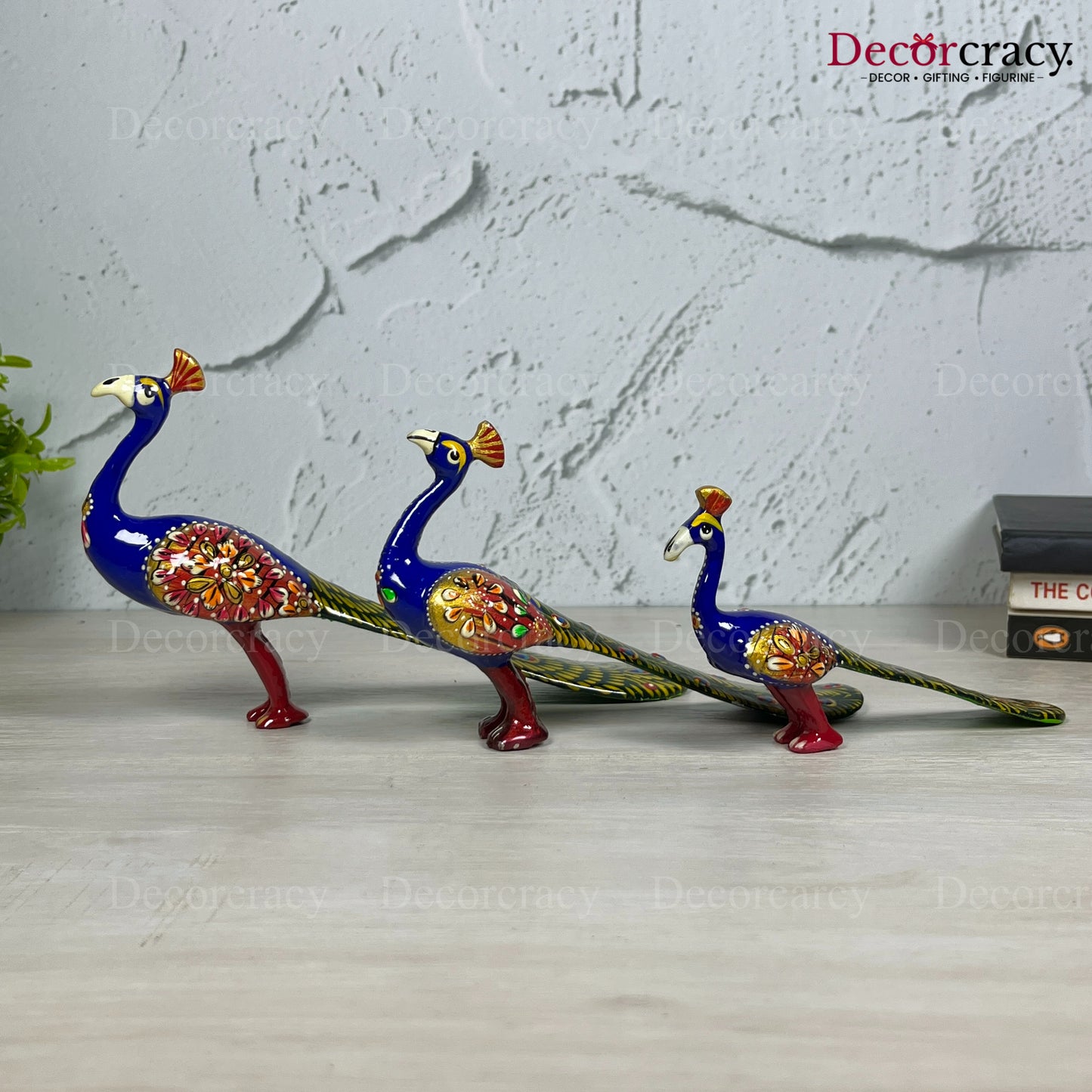 Peacock 3Pc Metal Meenakari Art Hand Painted Animal Set Blue/Multi