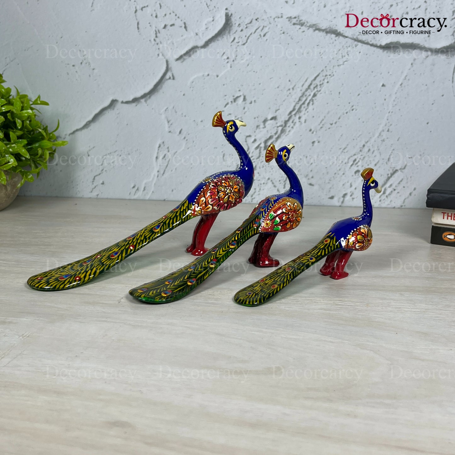 Peacock 3Pc Metal Meenakari Art Hand Painted Animal Set Blue/Multi