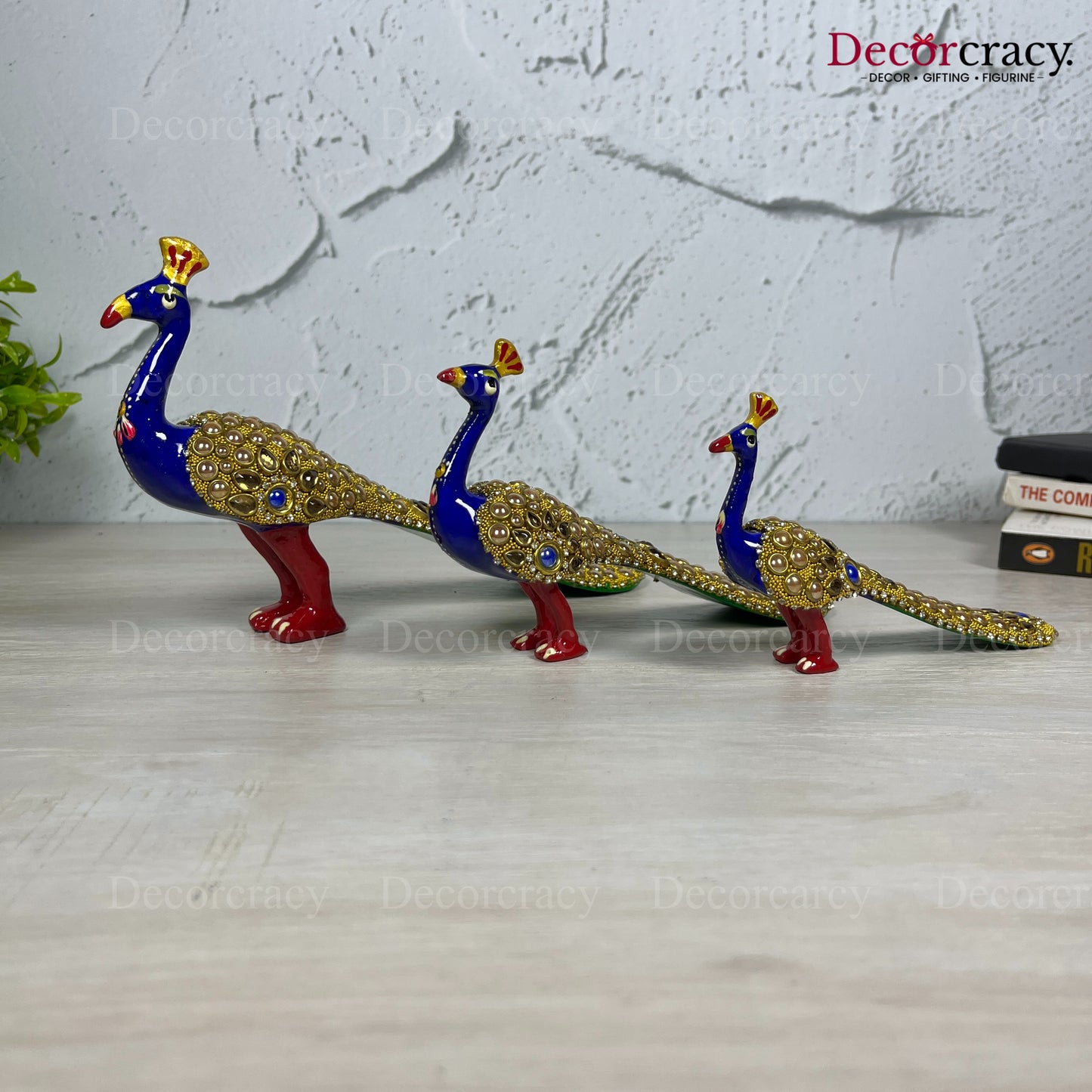 Peacock Stone 3Pc Metal Meenakari Art Hand Painted Animal Set Blue/Multi
