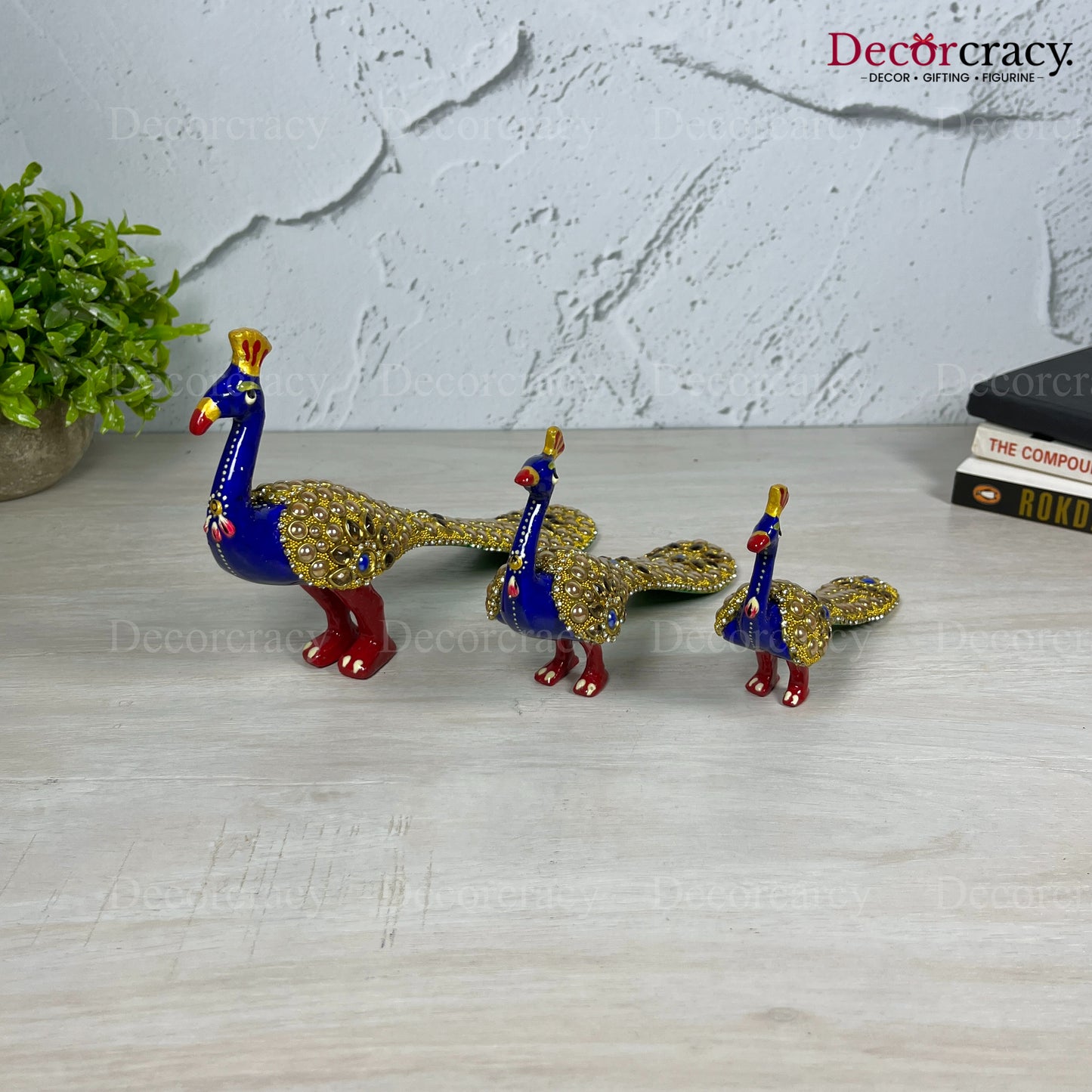 Peacock Stone 3Pc Metal Meenakari Art Hand Painted Animal Set Blue/Multi