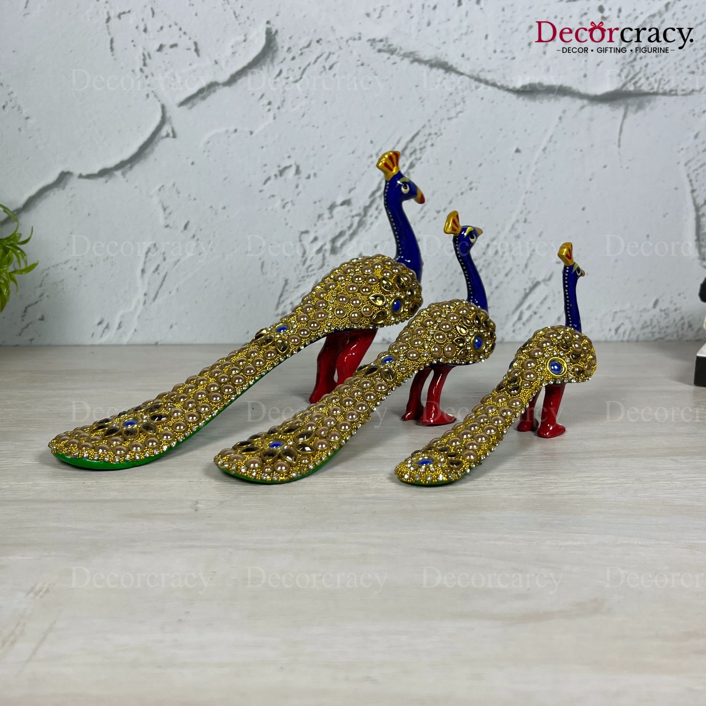 Peacock Stone 3Pc Metal Meenakari Art Hand Painted Animal Set Blue/Multi