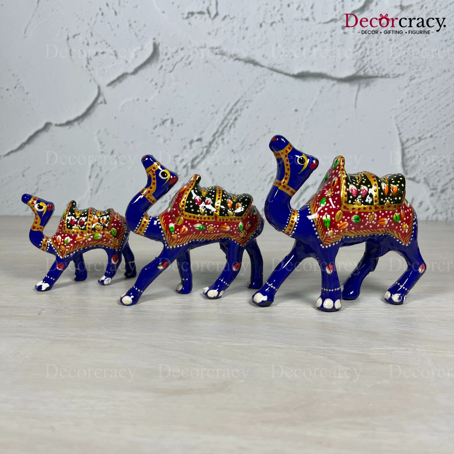 Camel 3Pc Acrylic Plastic Meenakari Art Hand Painted Animal Set Blue/Multi