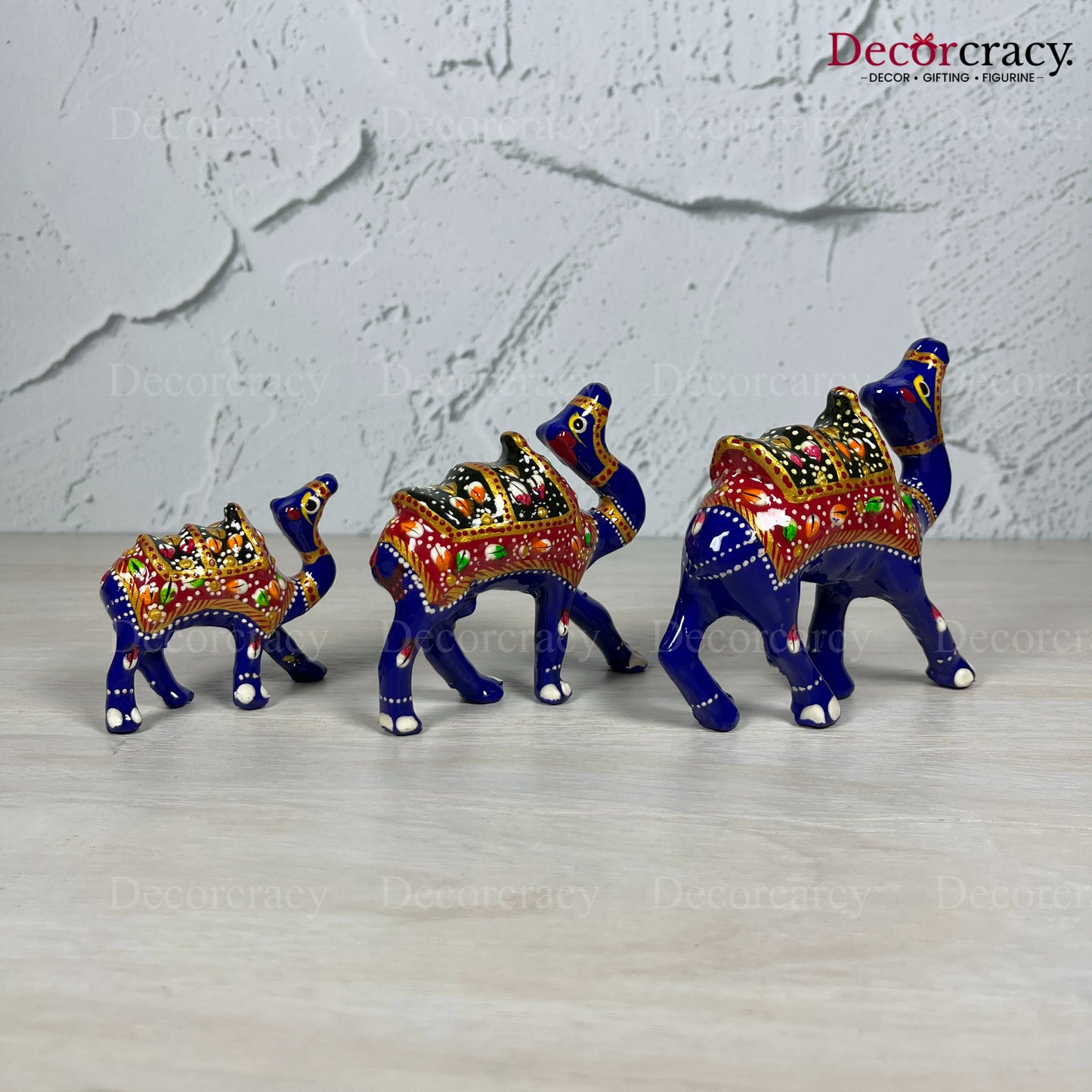 Camel 3Pc Acrylic Plastic Meenakari Art Hand Painted Animal Set Blue/Multi