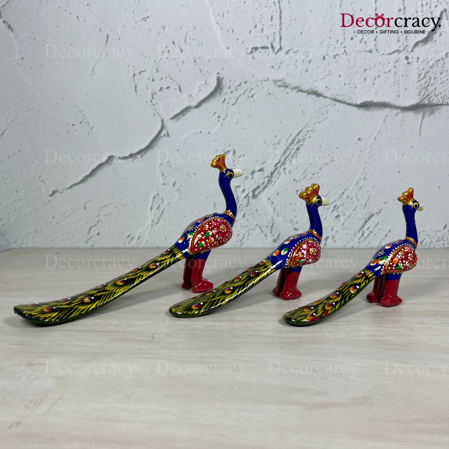 Peacock 3Pc Acrylic Plastic Meenakari Art Hand Painted Animal Set Blue/Multi