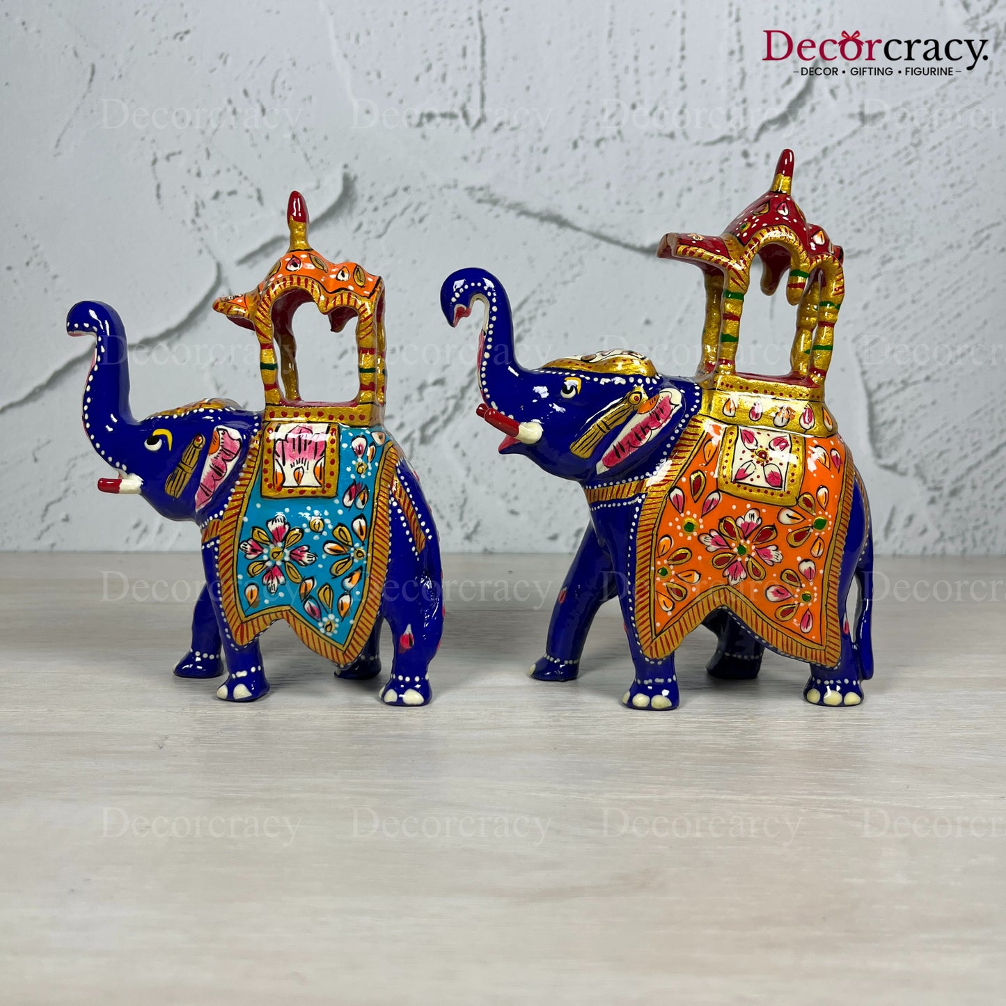 Elephant Ambabari 2Pc Metal Meenakari Art Hand Painted Animal Set Blue/Multi Medium