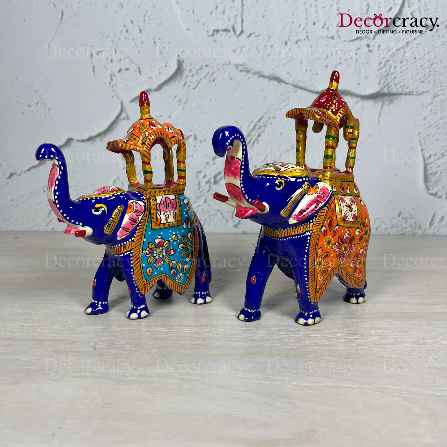 Elephant Ambabari 2Pc Metal Meenakari Art Hand Painted Animal Set Blue/Multi Medium