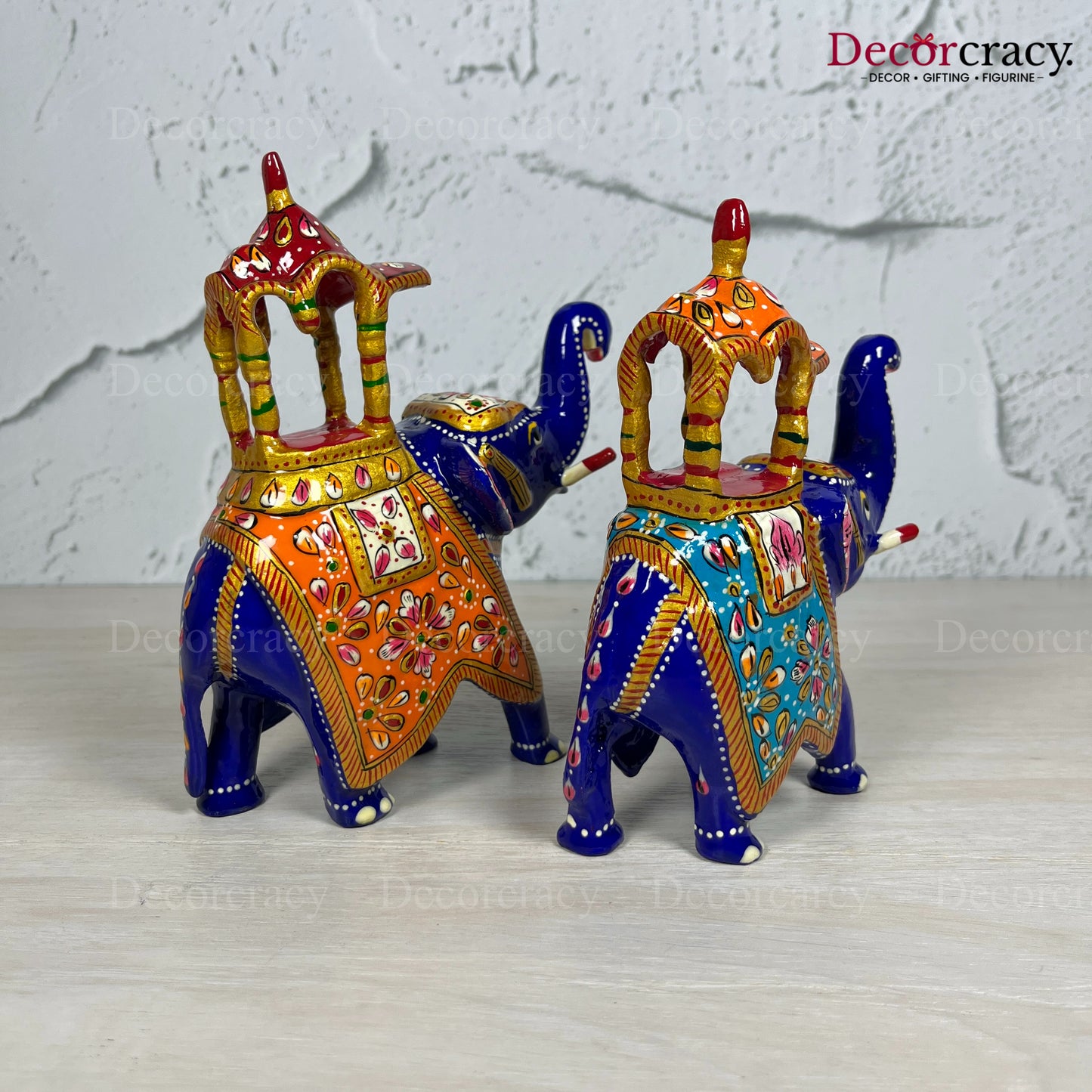 Elephant Ambabari 2Pc Metal Meenakari Art Hand Painted Animal Set Blue/Multi Medium