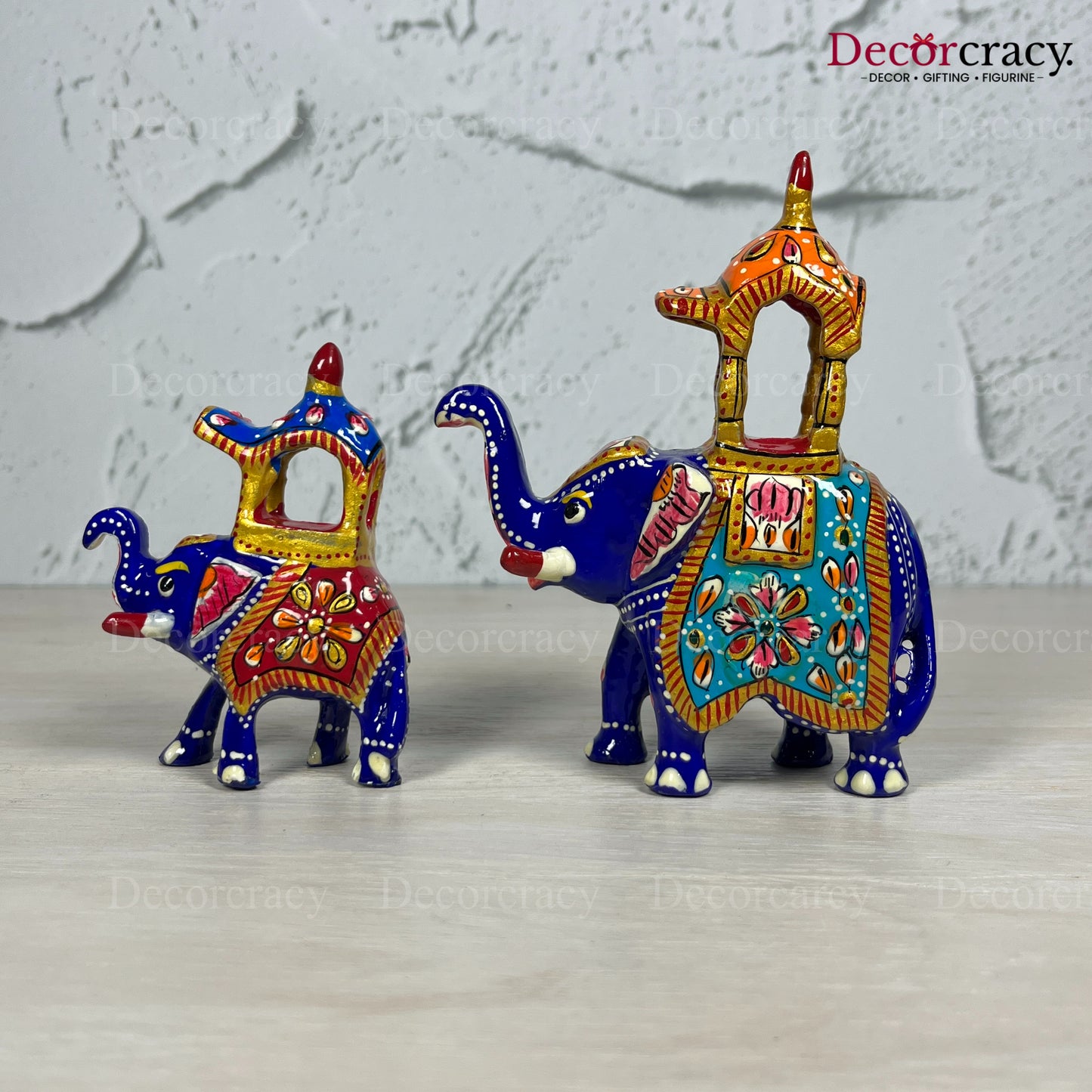 Elephant Ambabari 2Pc Metal Meenakari Art Hand Painted Animal Set Blue/Multi Small