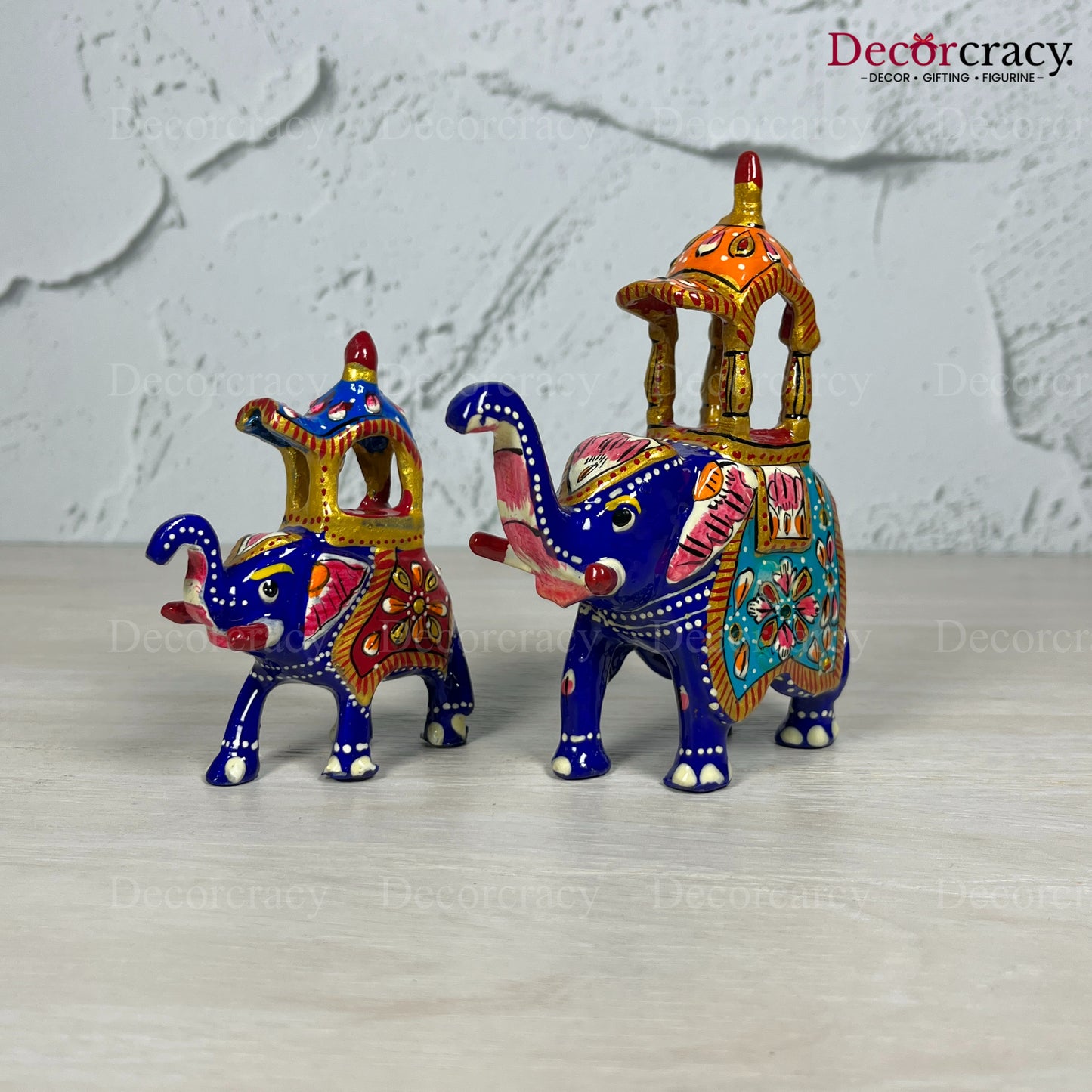 Elephant Ambabari 2Pc Metal Meenakari Art Hand Painted Animal Set Blue/Multi Small