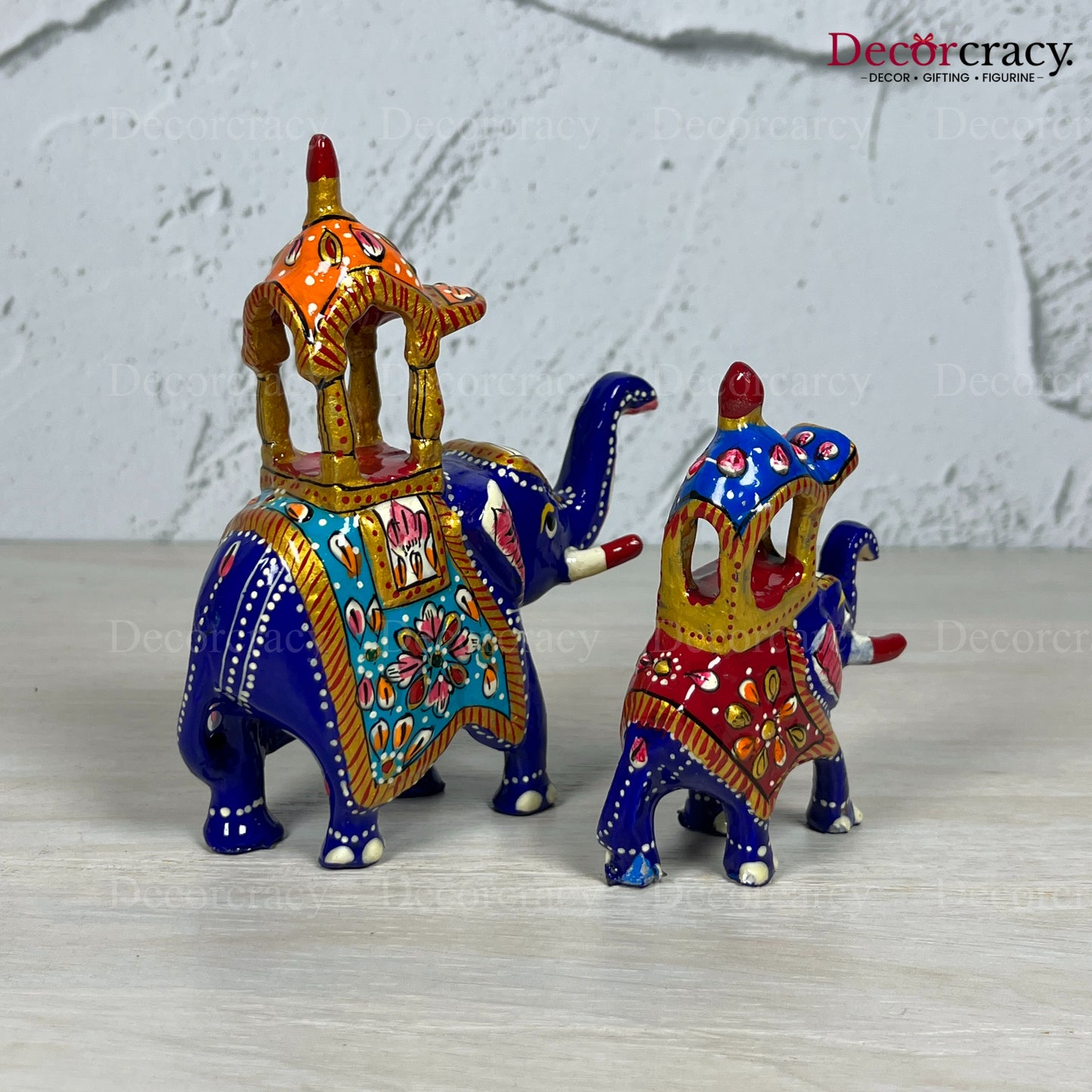 Elephant Ambabari 2Pc Metal Meenakari Art Hand Painted Animal Set Blue/Multi Small
