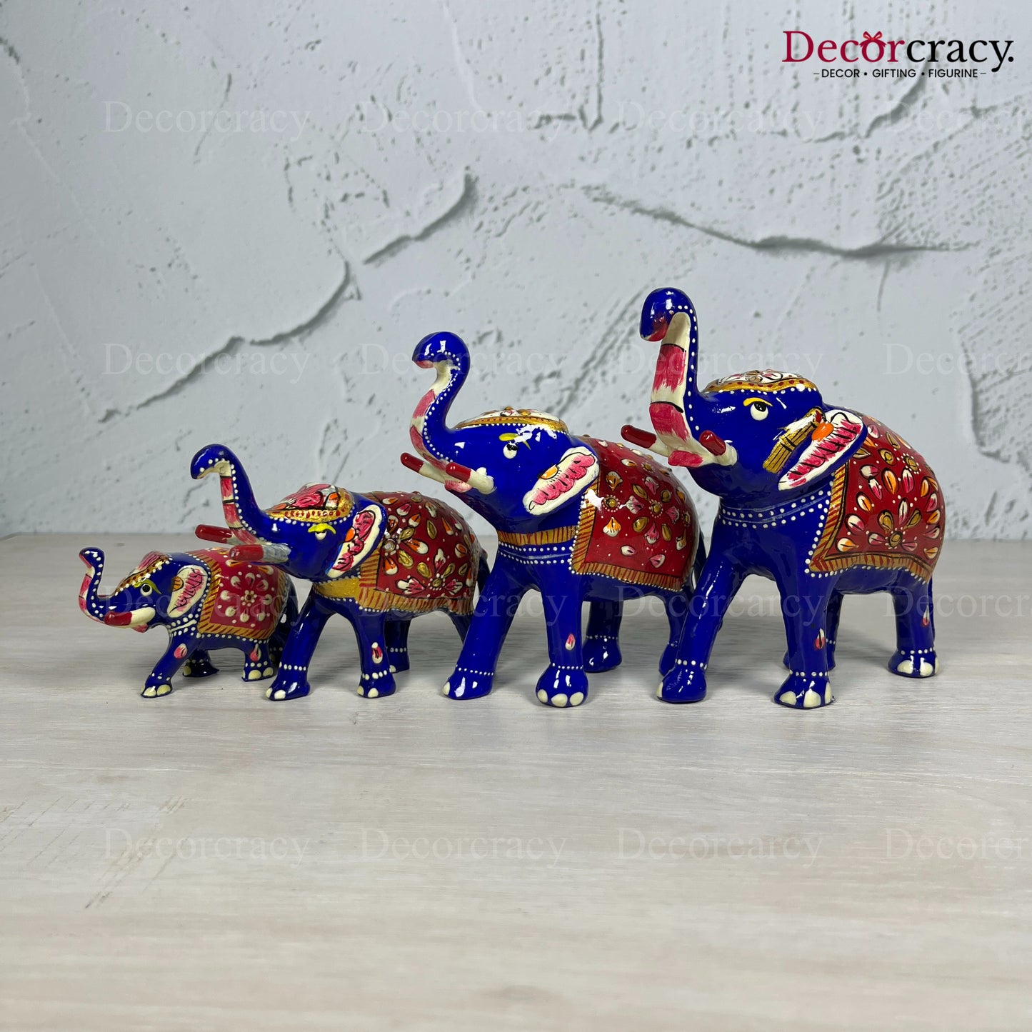 Elephant 4Pc Metal Meenakari Art Hand Painted Animal Set Blue/Multi
