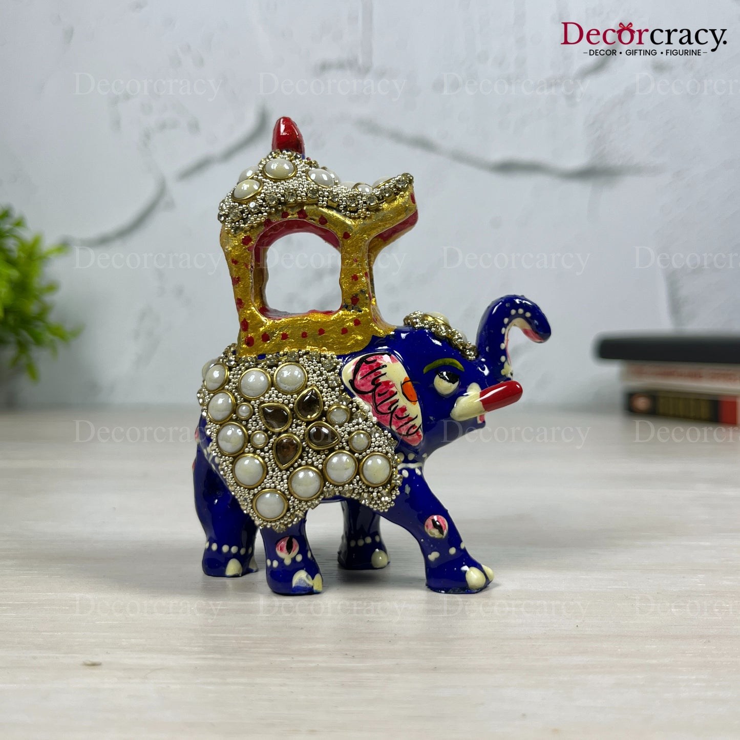Elephant Ambabari Stone 1Pc Metal Meenakari Art Hand Painted Animal Set Blue/Multi Small