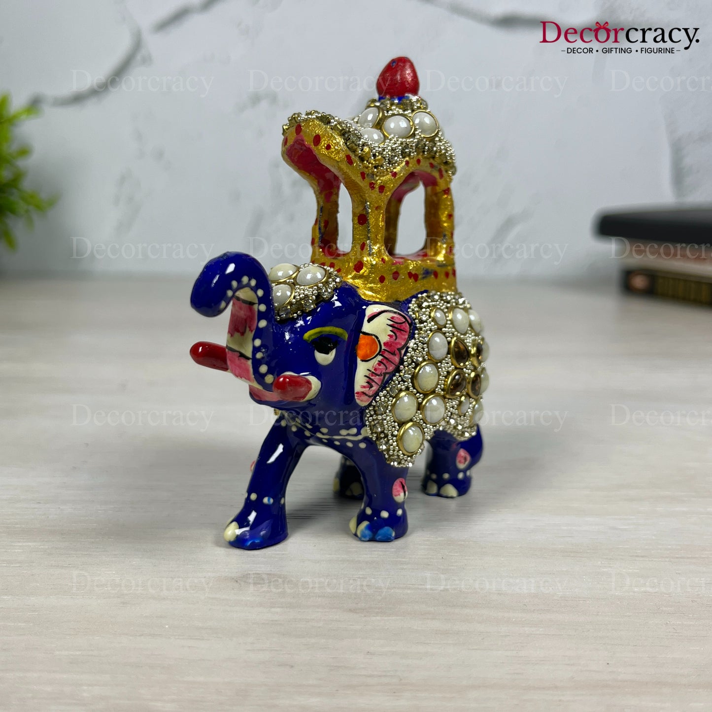 Elephant Ambabari Stone 1Pc Metal Meenakari Art Hand Painted Animal Set Blue/Multi Small