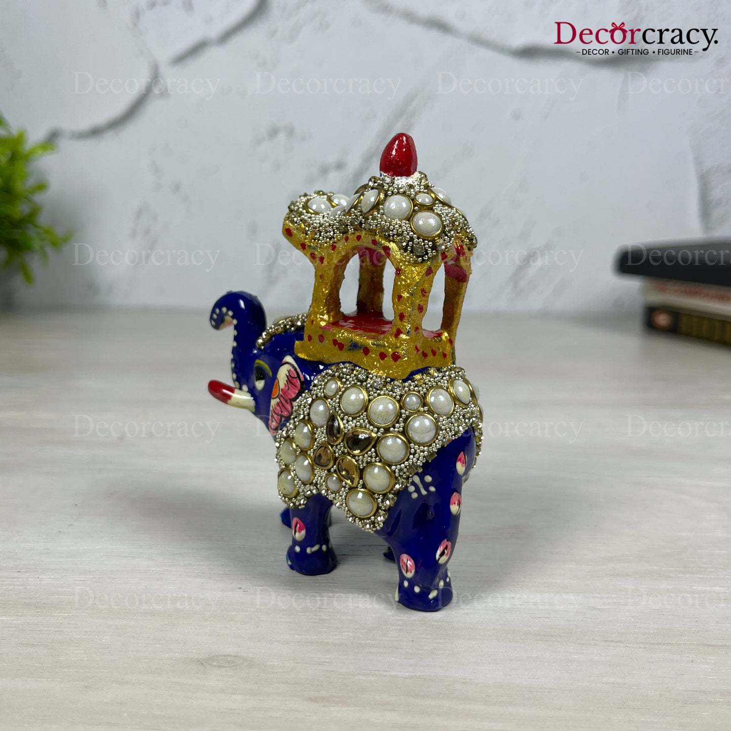Elephant Ambabari Stone 1Pc Metal Meenakari Art Hand Painted Animal Set Blue/Multi Small