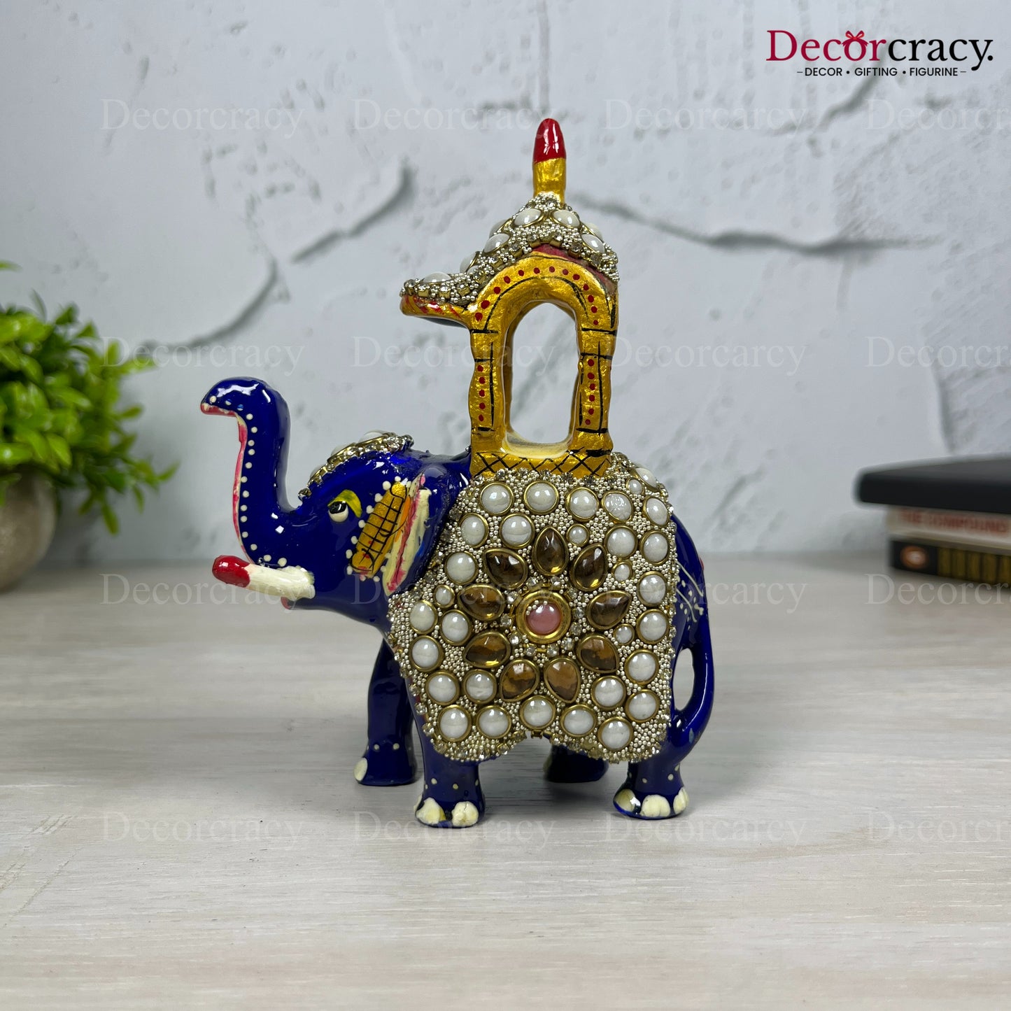 Elephant Ambabari Stone 1Pc Metal Meenakari Art Hand Painted Animal Set Blue/Multi Medium