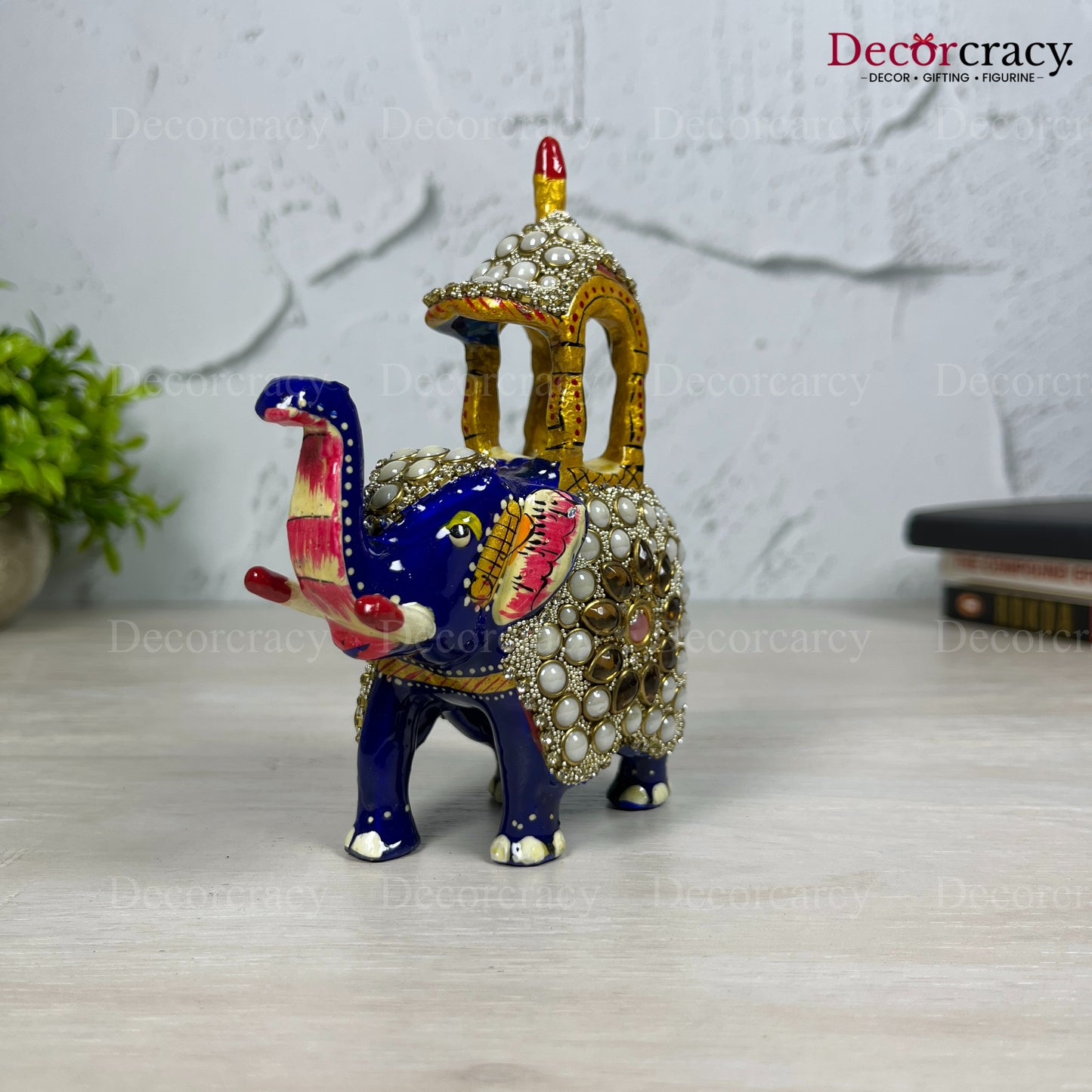 Elephant Ambabari Stone 1Pc Metal Meenakari Art Hand Painted Animal Set Blue/Multi Medium