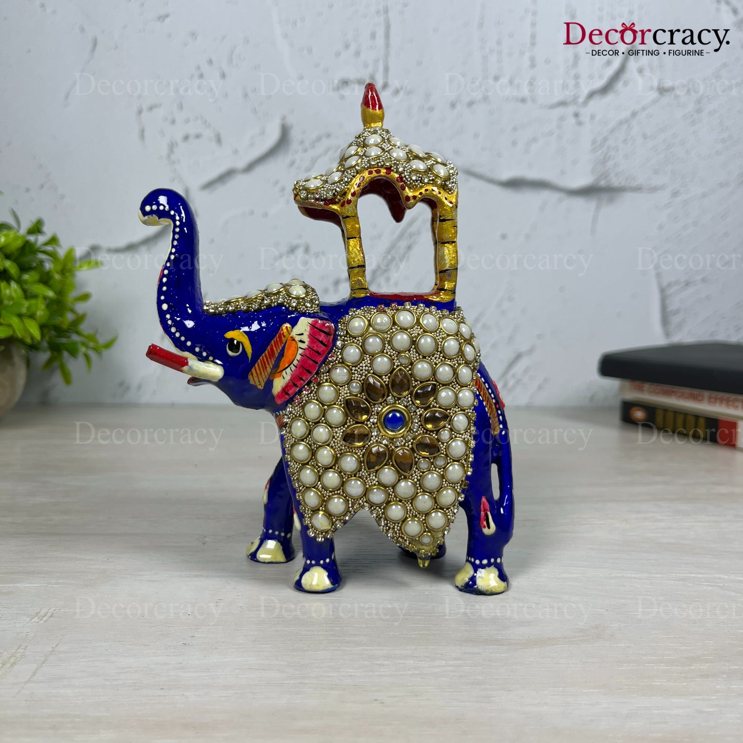 Elephant Ambabari Stone 1Pc Metal Meenakari Art Hand Painted Animal Set Blue/Multi Large