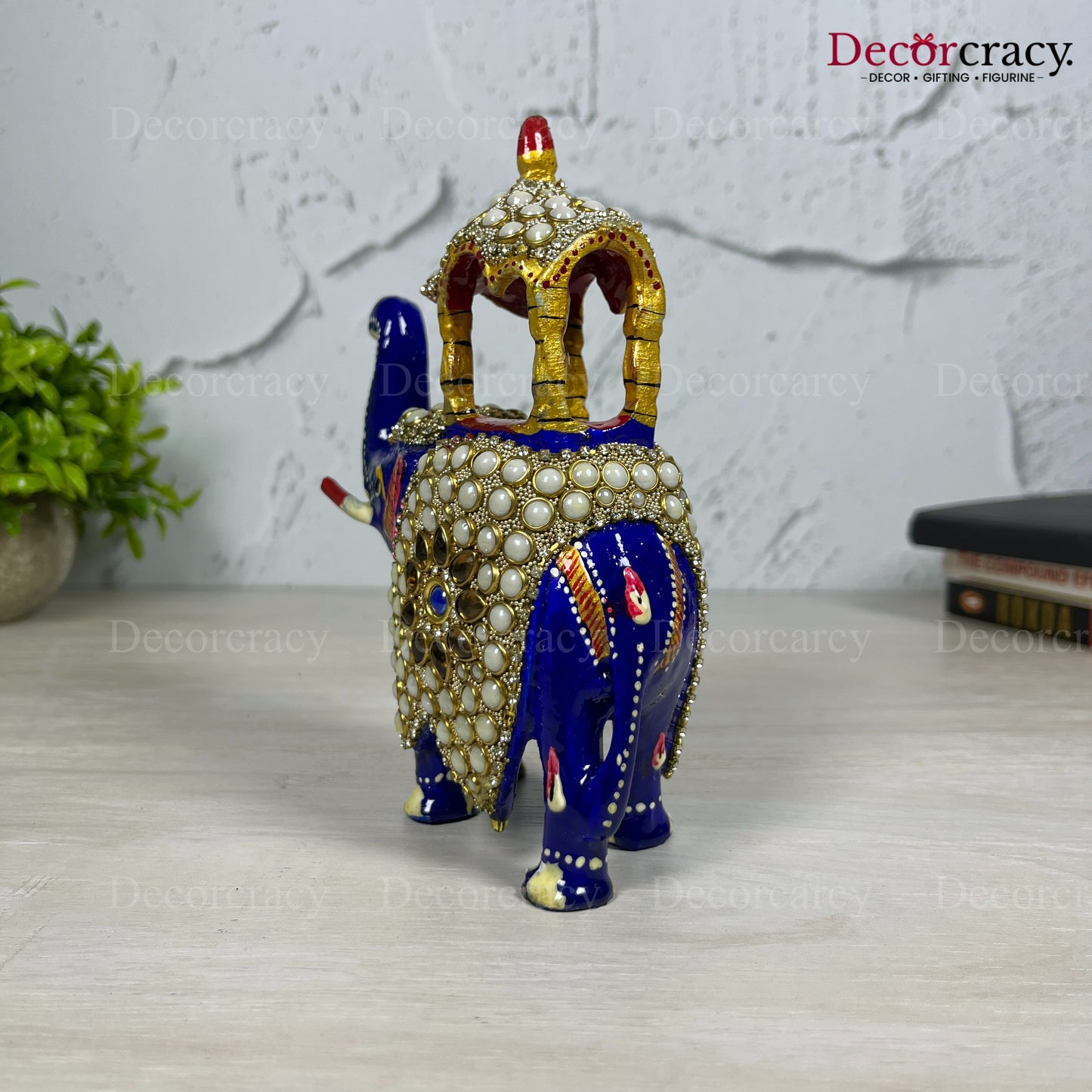 Elephant Ambabari Stone 1Pc Metal Meenakari Art Hand Painted Animal Set Blue/Multi Large