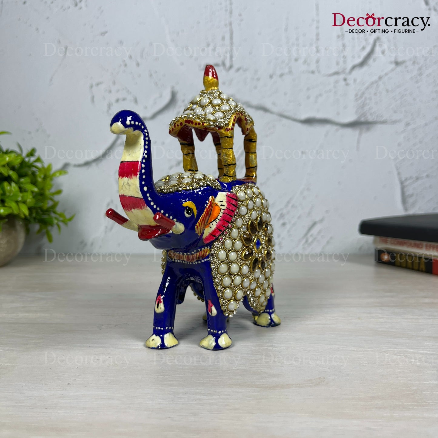 Elephant Ambabari Stone 1Pc Metal Meenakari Art Hand Painted Animal Set Blue/Multi Large