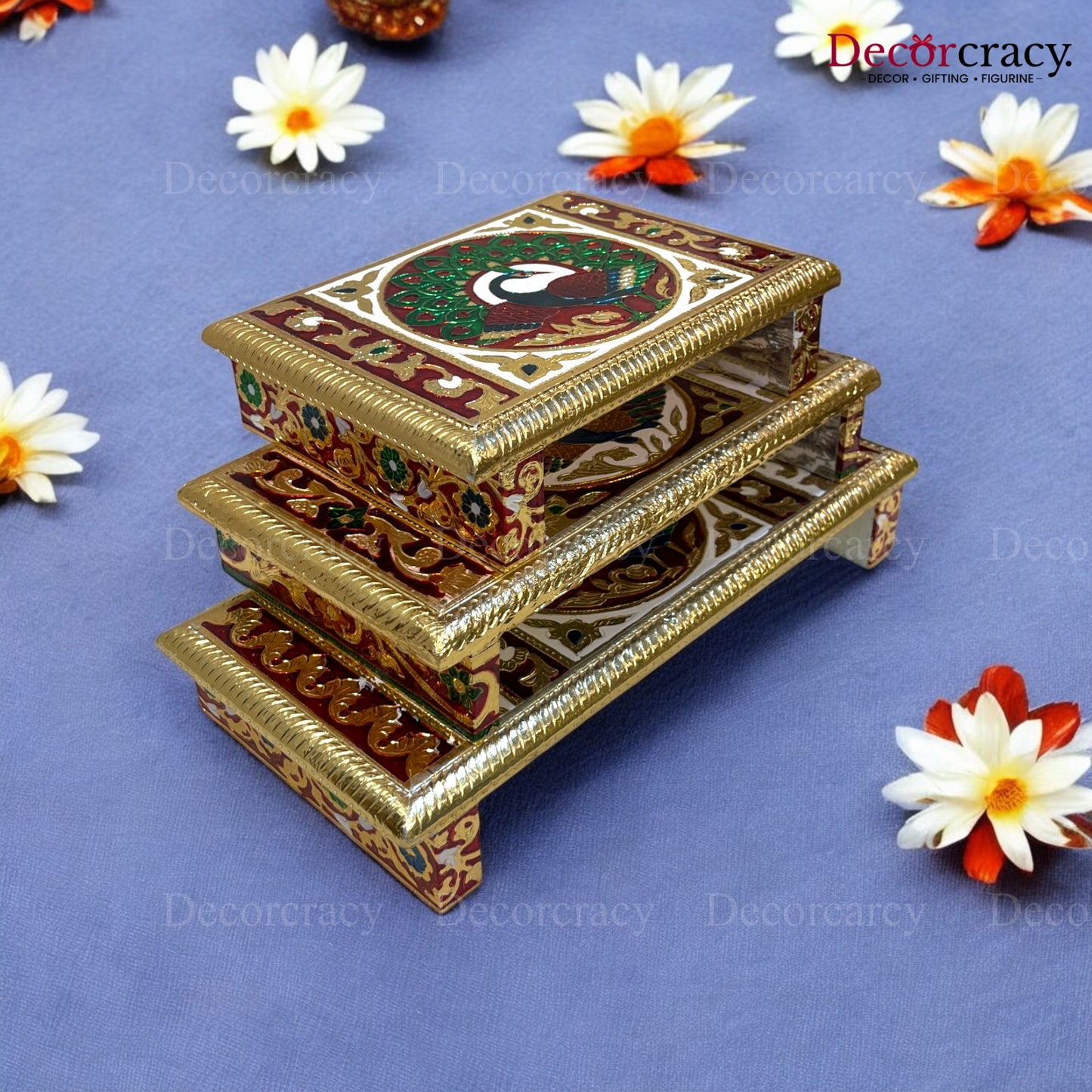 Meenakari Rajwadi Patla Chowki for Pooja 6*8", 6*10", 6*12" Wooden Golden/Multi
