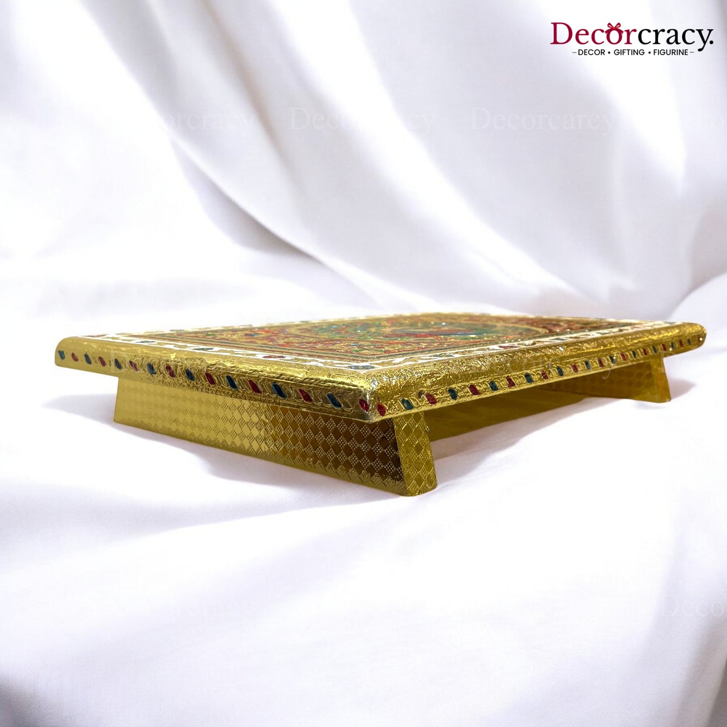 Meenakari Rajwadi Patla Chowki for Pooja 10*15" Wooden Golden/Multi