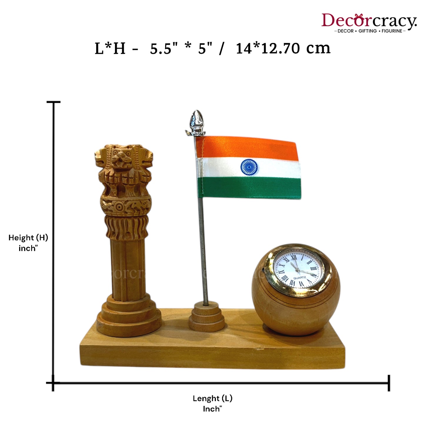 Handmade Carved Ashok Stambh with Indian Flag & Table Clock Wooden Brown