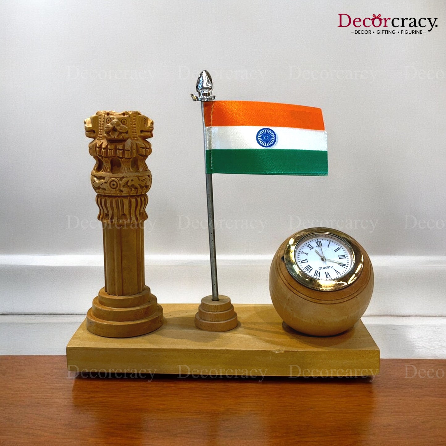 Handmade Carved Ashok Stambh with Indian Flag & Table Clock Wooden Brown