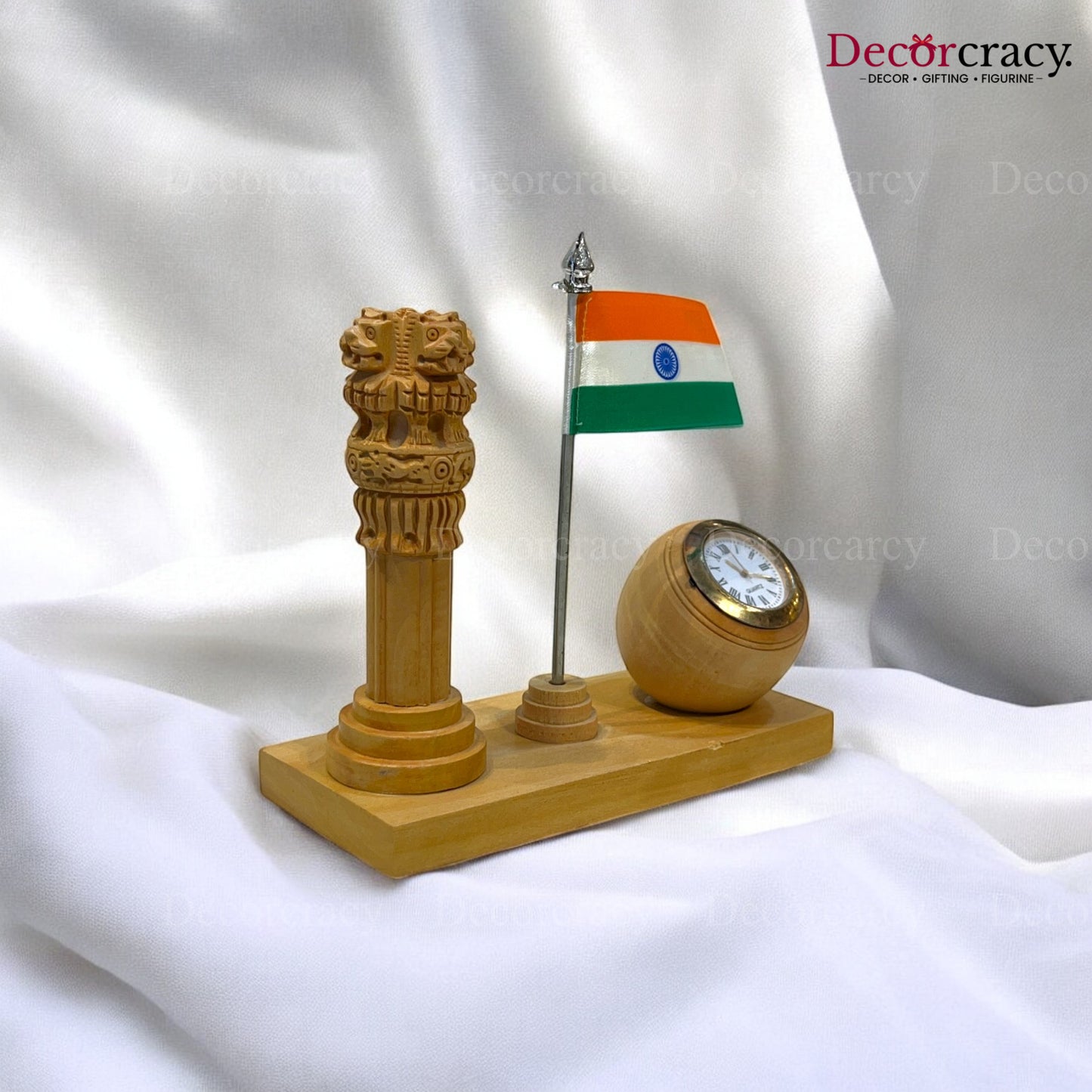 Handmade Carved Ashok Stambh with Indian Flag & Table Clock Wooden Brown