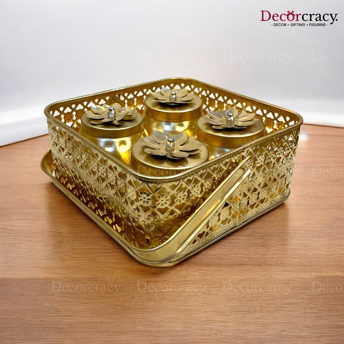 4 Jar Dry Fruit Mukhwas Serving Box Antique Golden Metal 8"