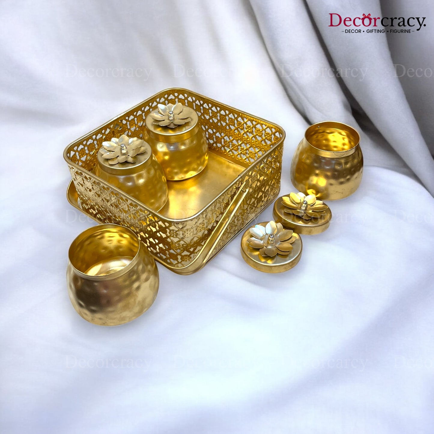 4 Jar Dry Fruit Mukhwas Serving Box Antique Golden Metal 8"