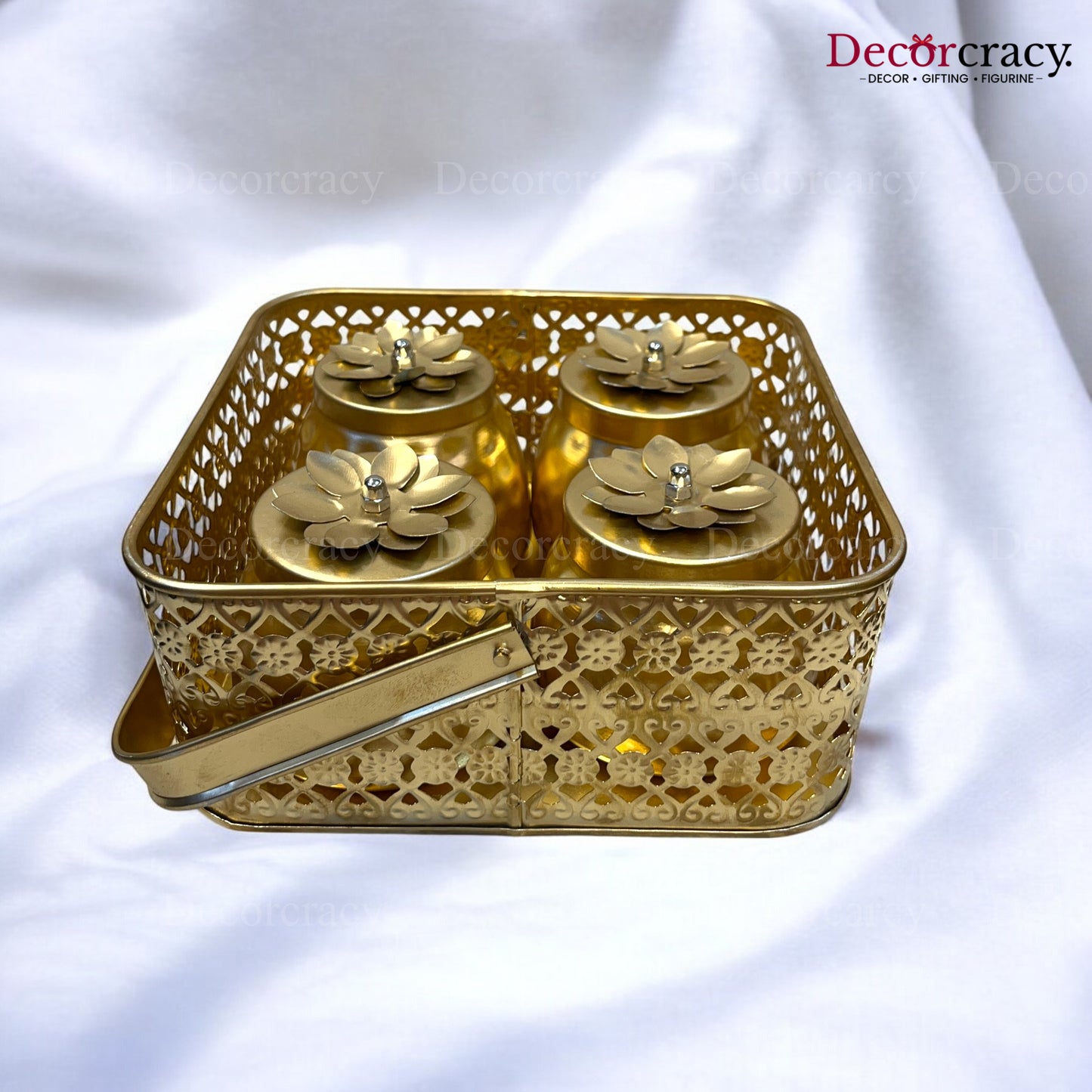 4 Jar Dry Fruit Mukhwas Serving Box Antique Golden Metal 8"
