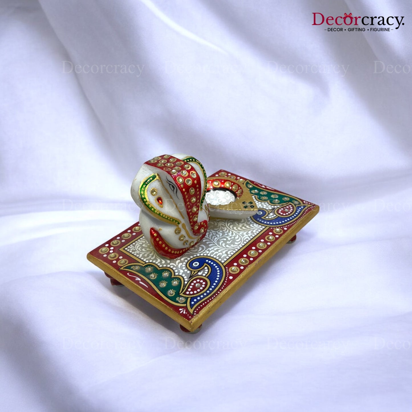 Rajasthani Marble Chowki Ganesh Diya Deepak Meenakari