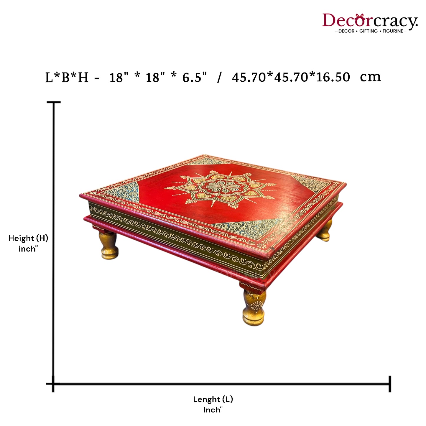 Pooja Chowki Patla Hand Painted Wooden Red Flower Design Bajot Stool 18"