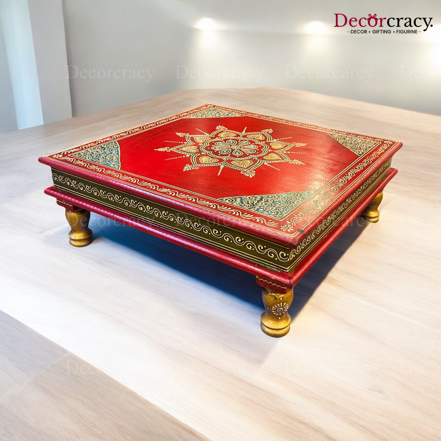 Pooja Chowki Patla Hand Painted Wooden Red Flower Design Bajot Stool 18"