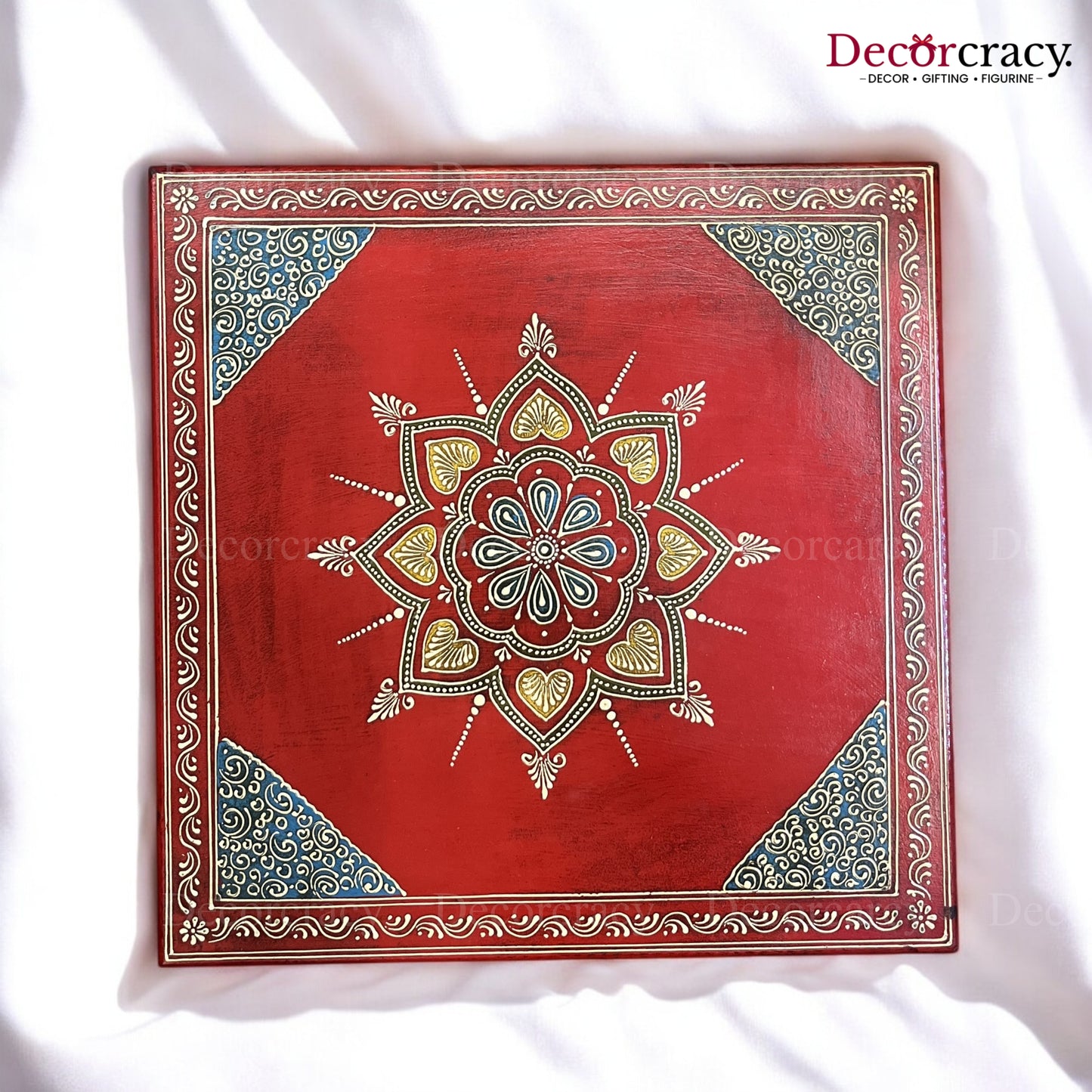 Pooja Chowki Patla Hand Painted Wooden Red Flower Design Bajot Stool 18"