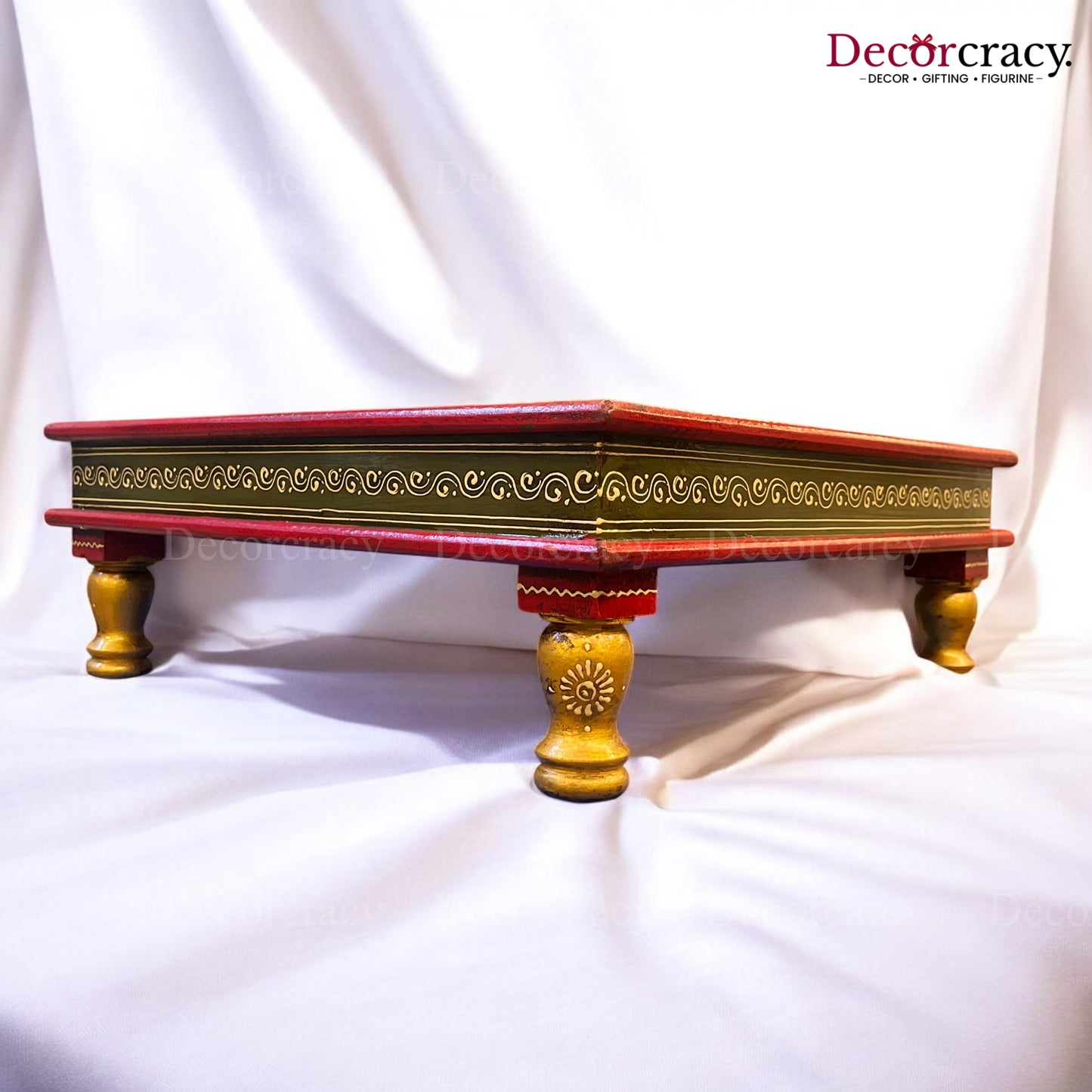 Pooja Chowki Patla Hand Painted Wooden Red Flower Design Bajot Stool 18"