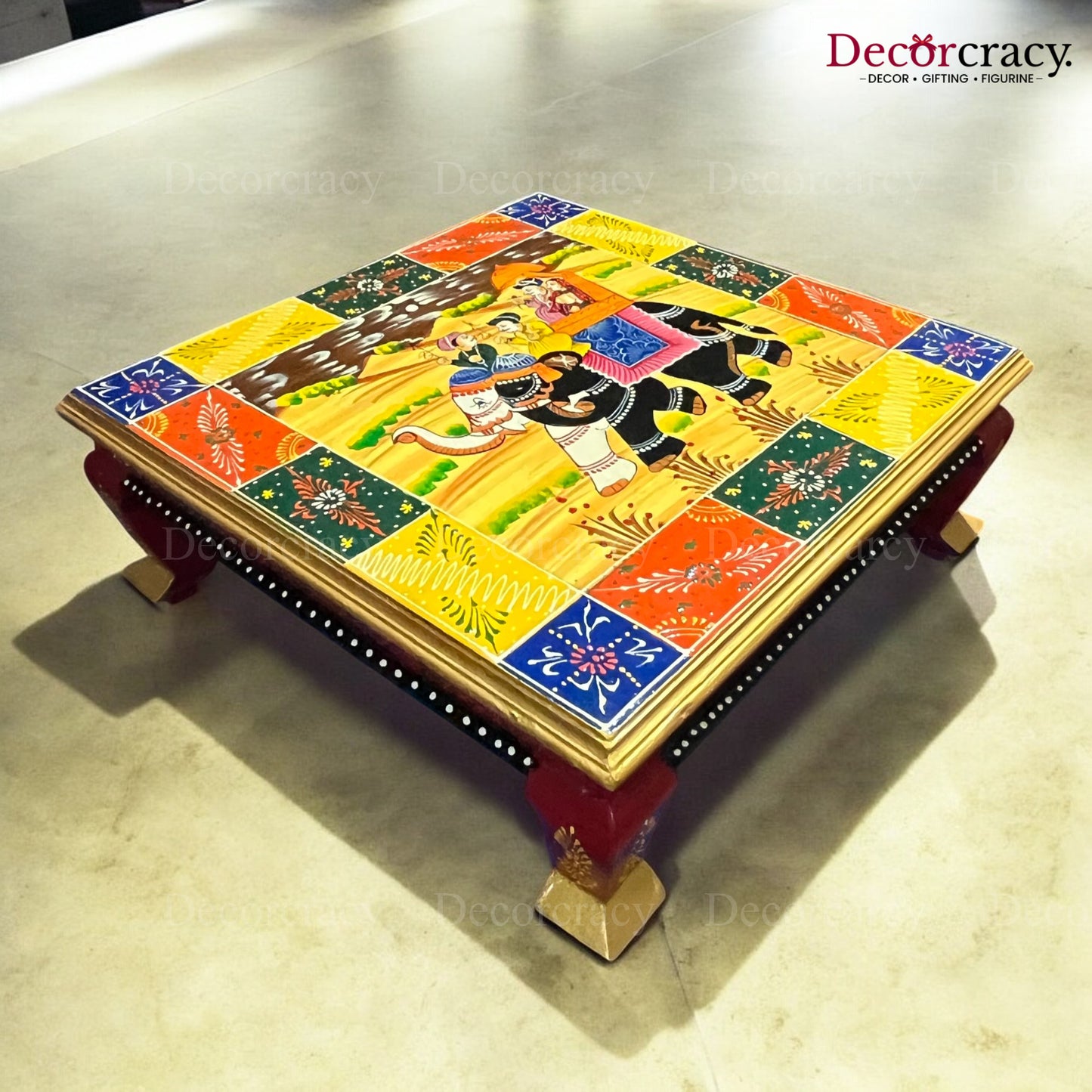 Pooja Chowki Patla Hand Painted Wooden Multicolor Design Bajot Stool 20"