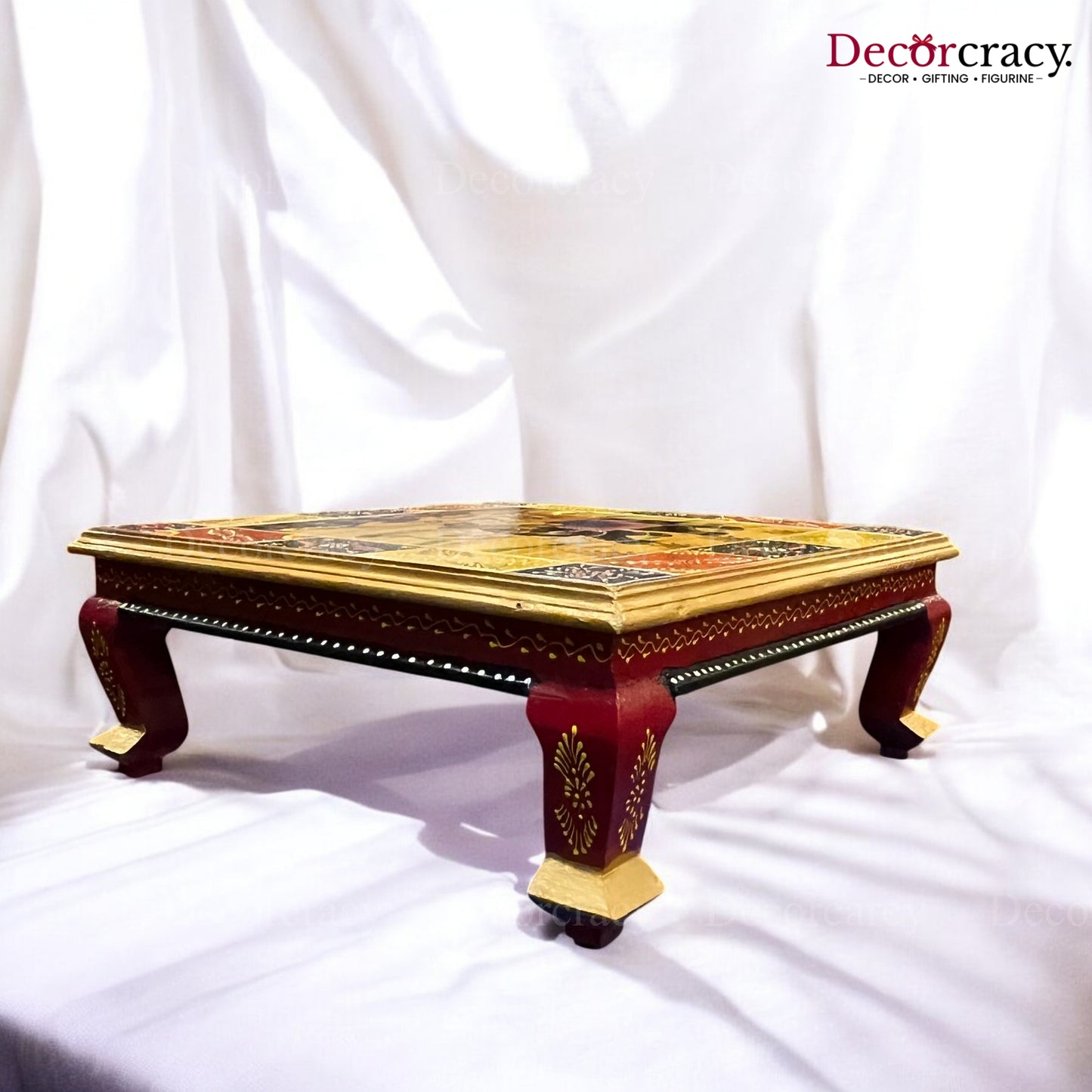 Pooja Chowki Patla Hand Painted Wooden Multicolor Design Bajot Stool 20"