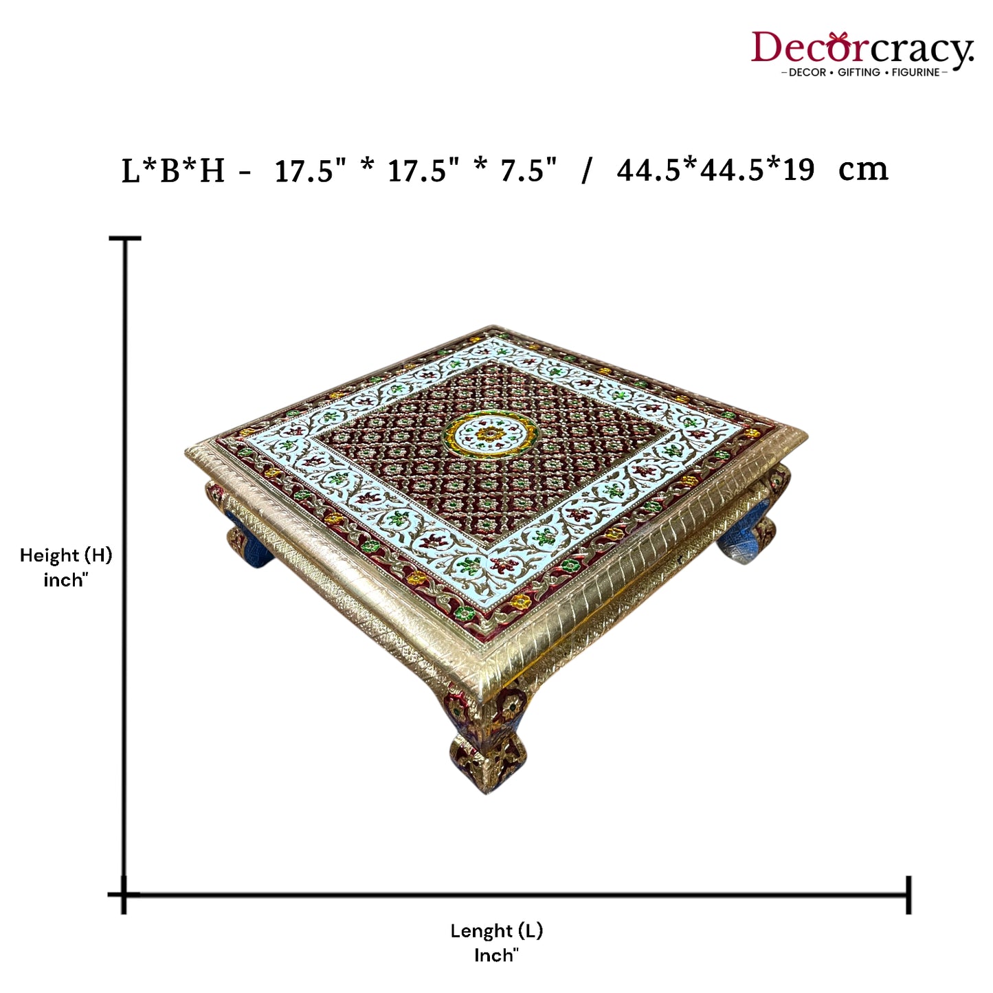 Pooja Chowki Patla Golden Meenakari Flower Bajot Stool 18"