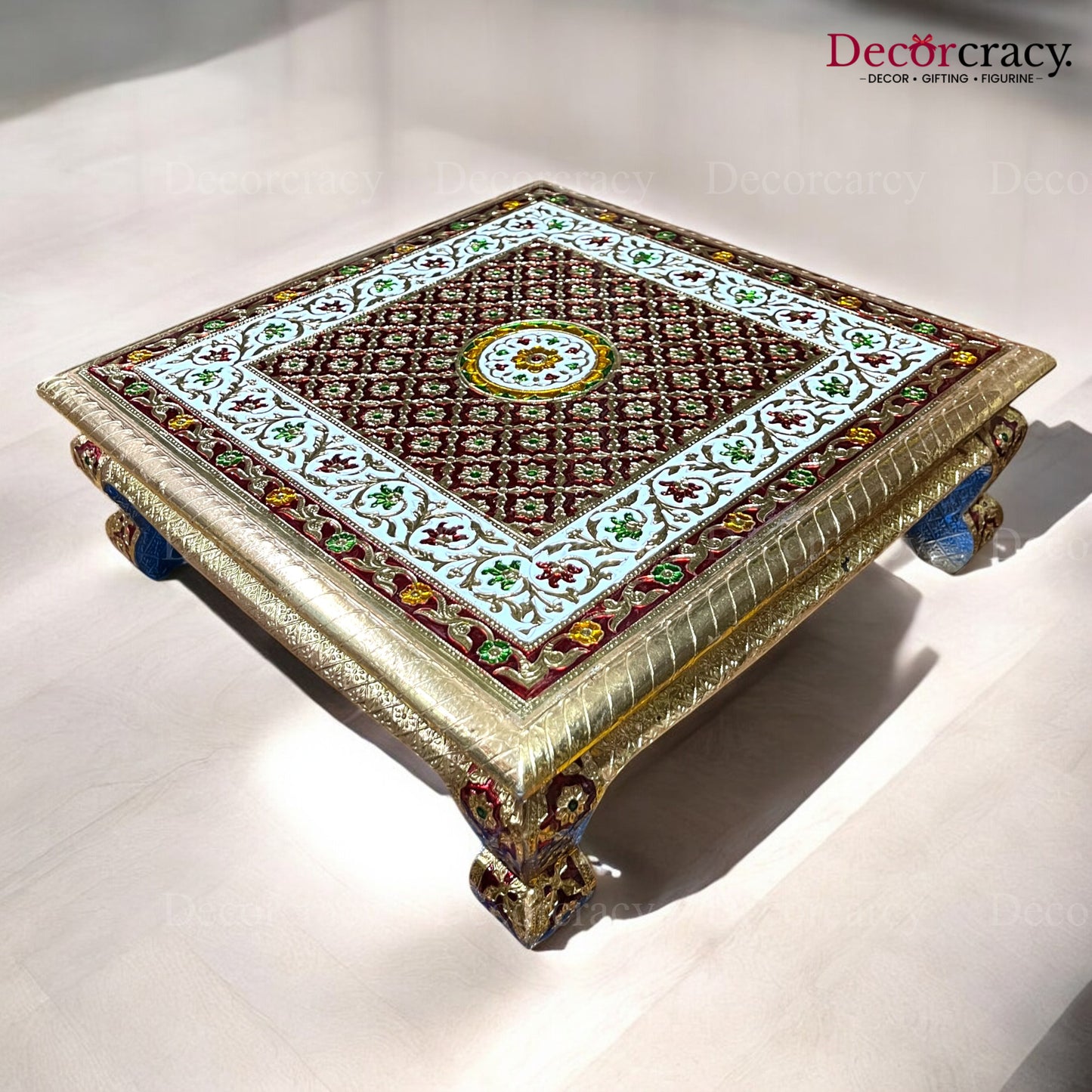 Pooja Chowki Patla Golden Meenakari Flower Bajot Stool 18"