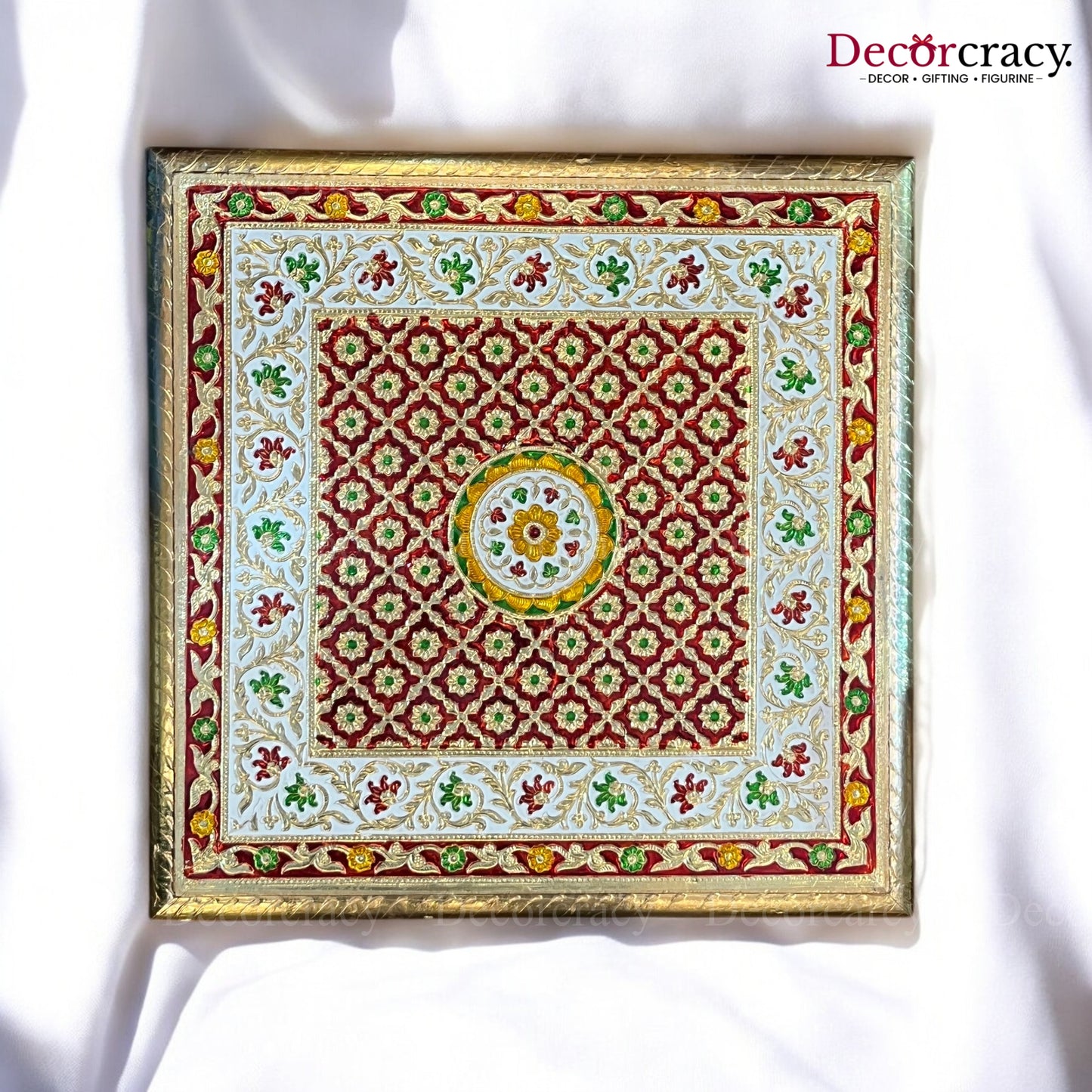 Pooja Chowki Patla Golden Meenakari Flower Bajot Stool 18"