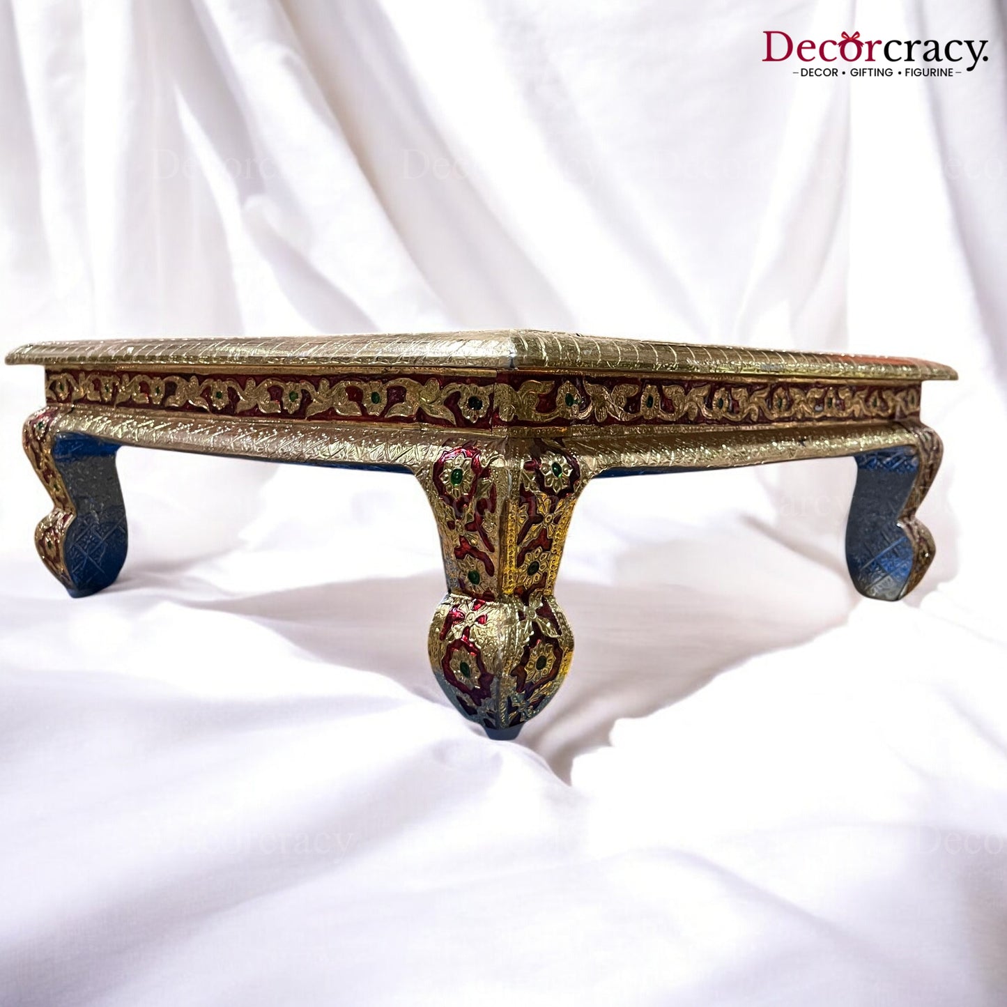 Pooja Chowki Patla Golden Meenakari Flower Bajot Stool 18"