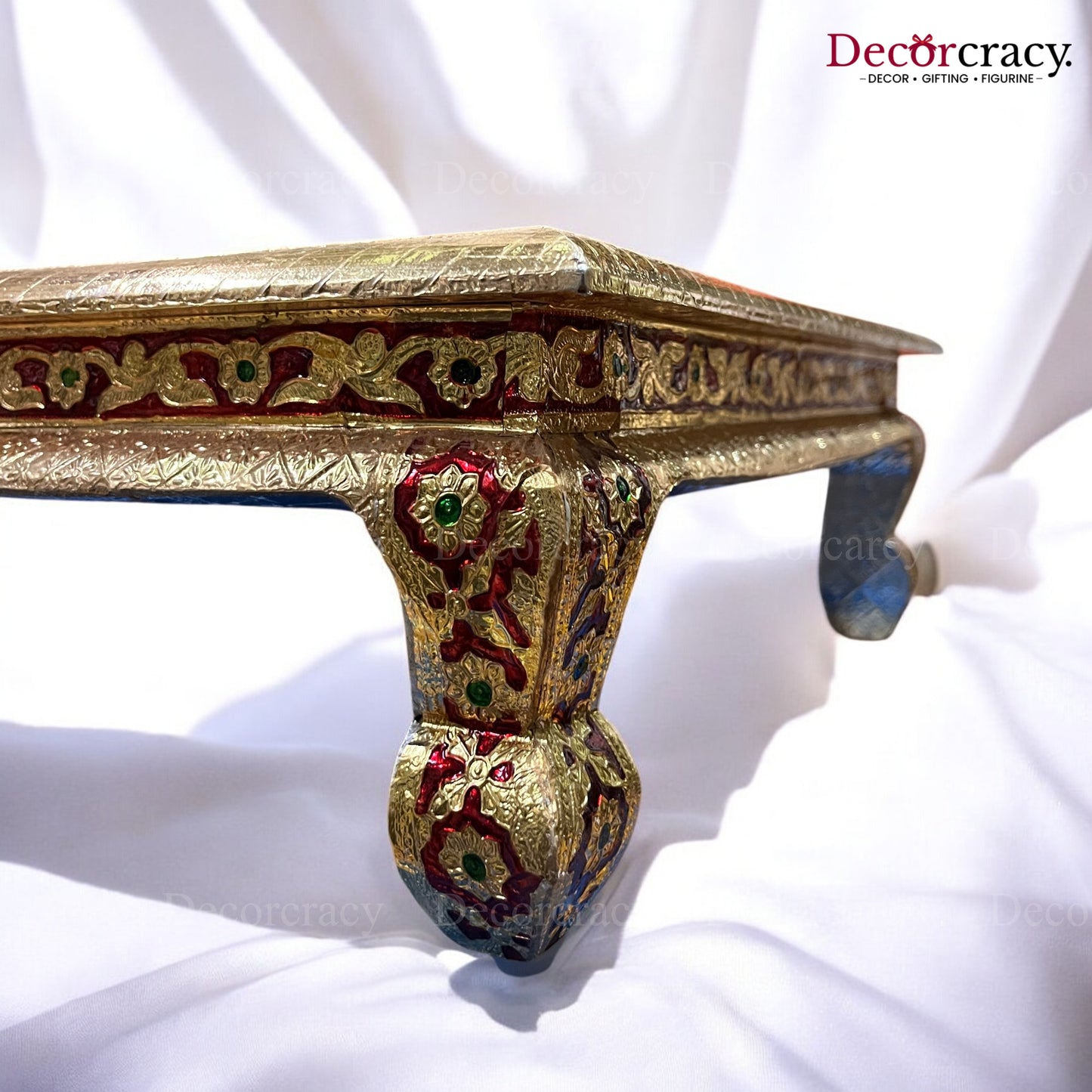 Pooja Chowki Patla Golden Meenakari Flower Bajot Stool 18"