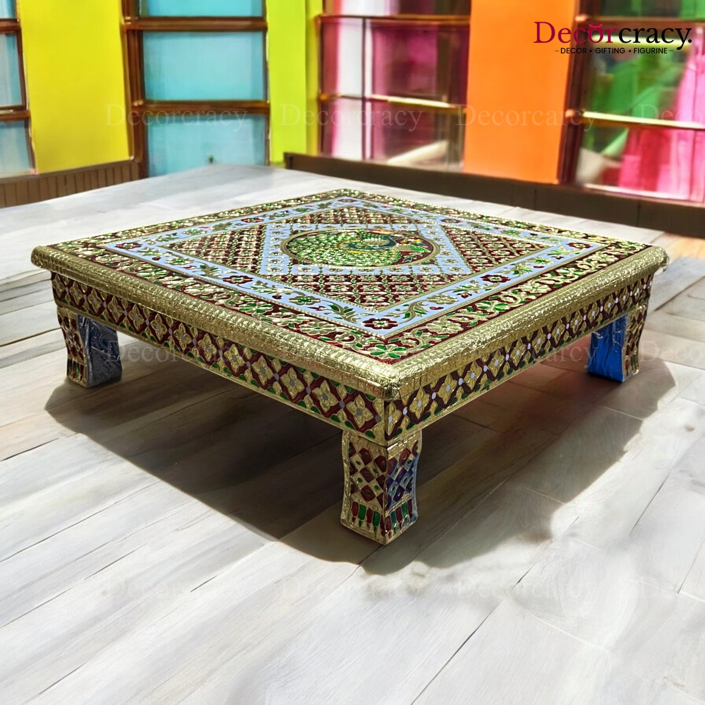 Pooja Chowki Patla Golden Meenakari Peacock Plain Bajot Stool 18"